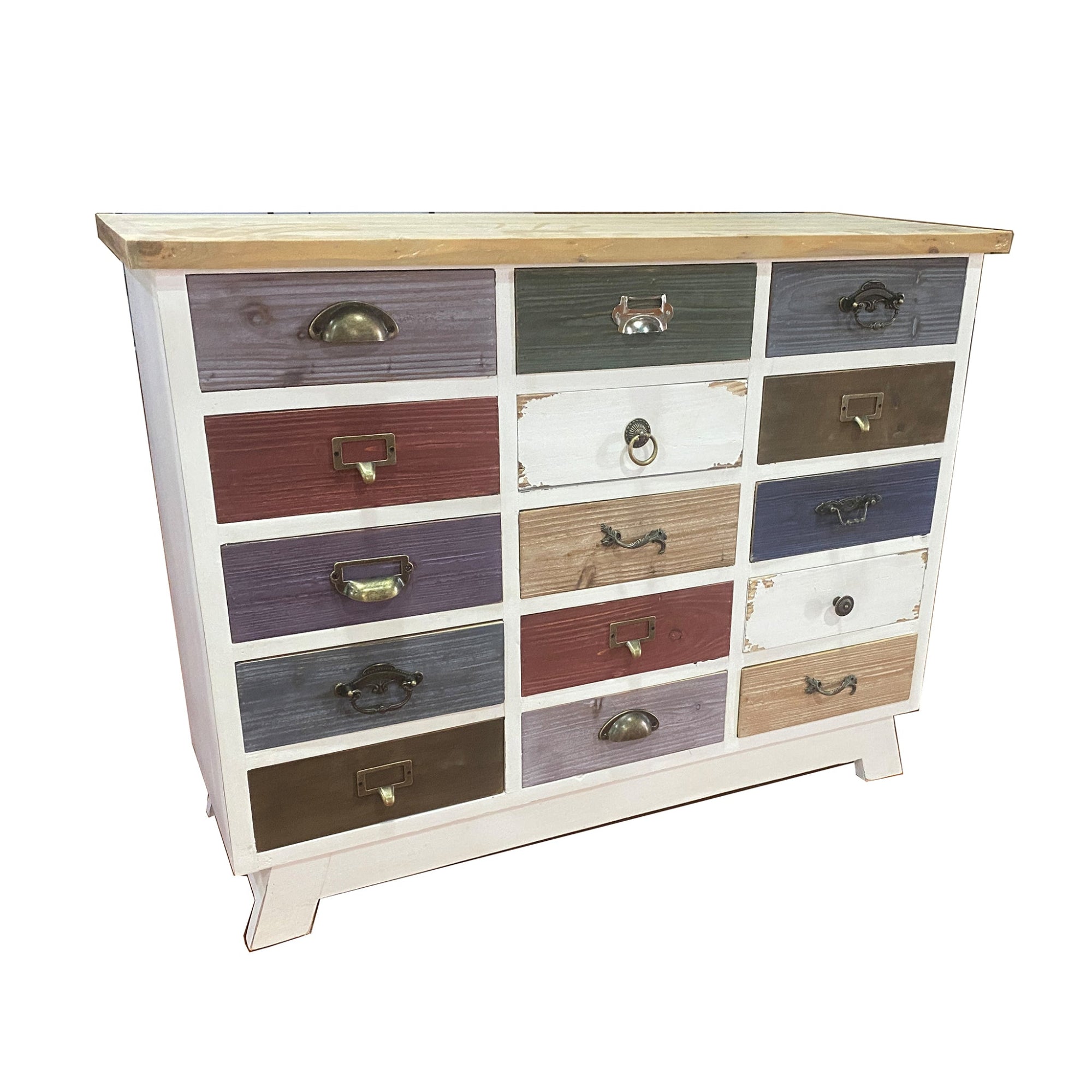 MERCURY HOME Cassettiera Mobile in Legno Multicolore Stile Shabby Chic/Industriale - Cassetti Vintage e Maniglie Diverse