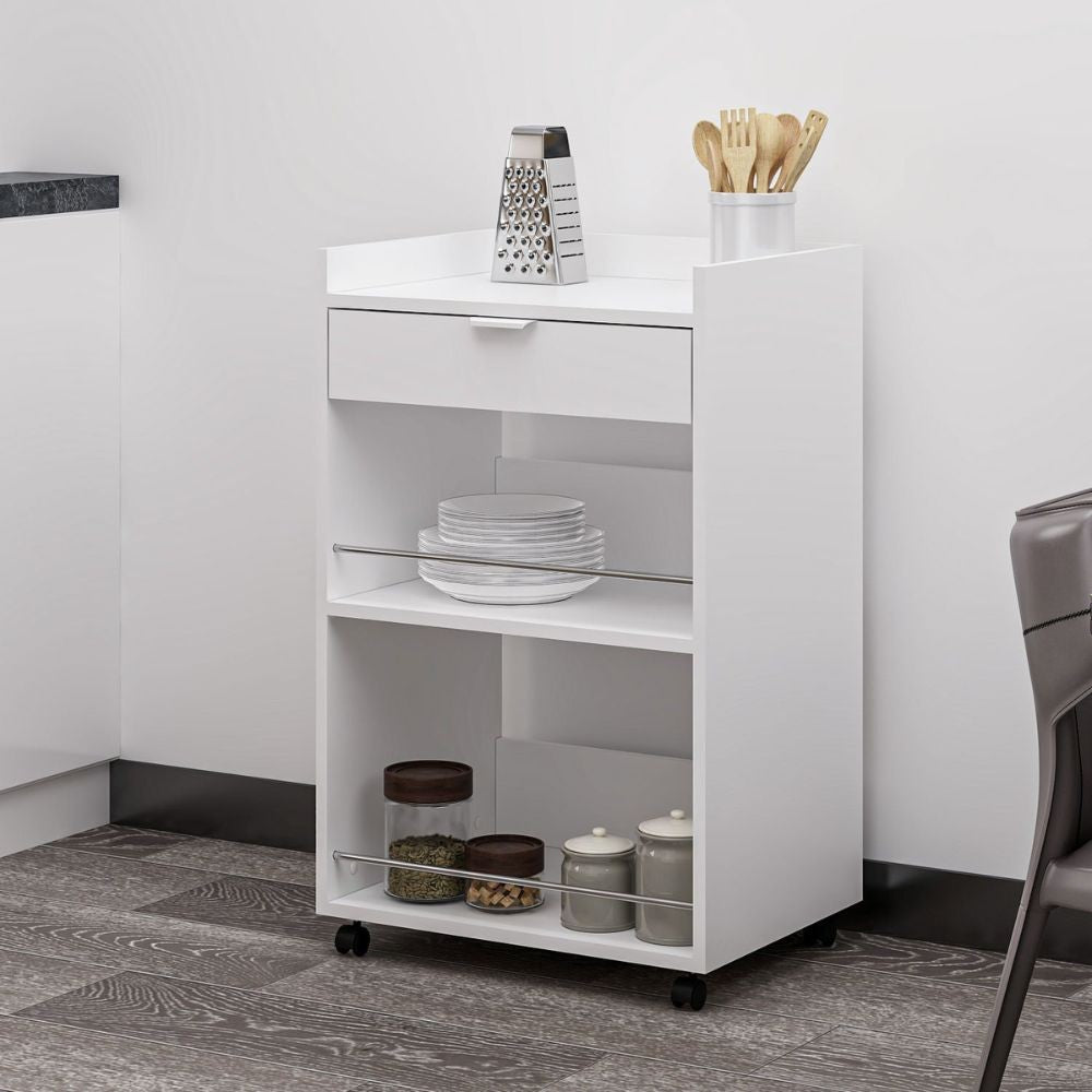 EGO ARREDO Mobile Multiuso Liana Con 2 Nicchie A Giorno E Un Cassetto Colore Bianco Con Rotelle