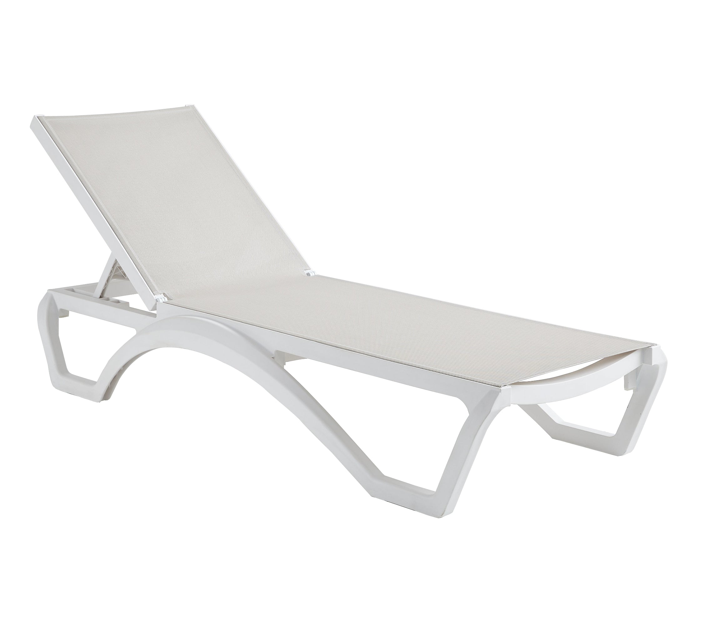 Albatros Relax: lettino da giardino in polipropilene bianco con Textilene imbottito grigio. Schienale a 4 posizioni e ruote integrate