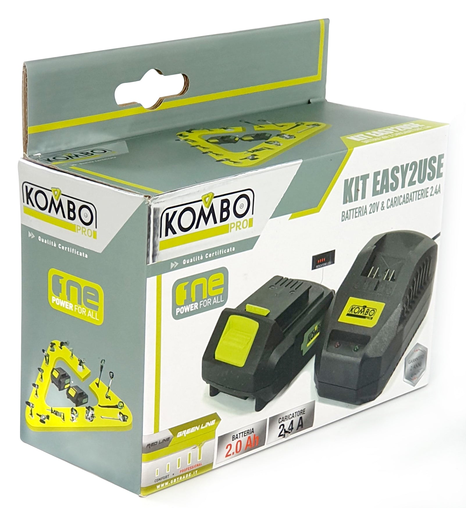 Kit Batteria Litio 20V 2.0Ah + Caricatore Rapido 45 Minuti, Indicatore LED A 4 Stadi, Potenza Max 450W, Per Utensili KOMBO PRO