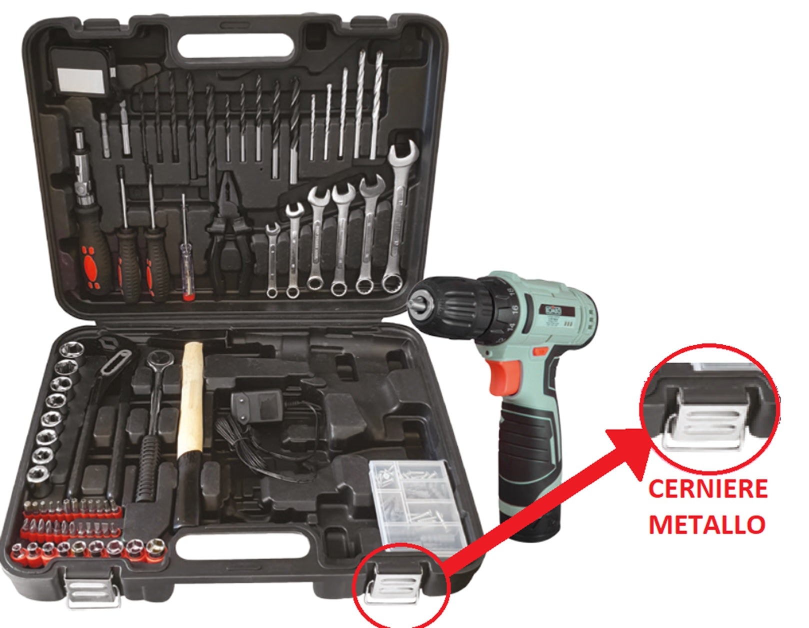 KOMBO Trapano/avvitatore cordless con batteria 1,3Ah 12V, caricabatteria + 135 accessorie e utensili manuali