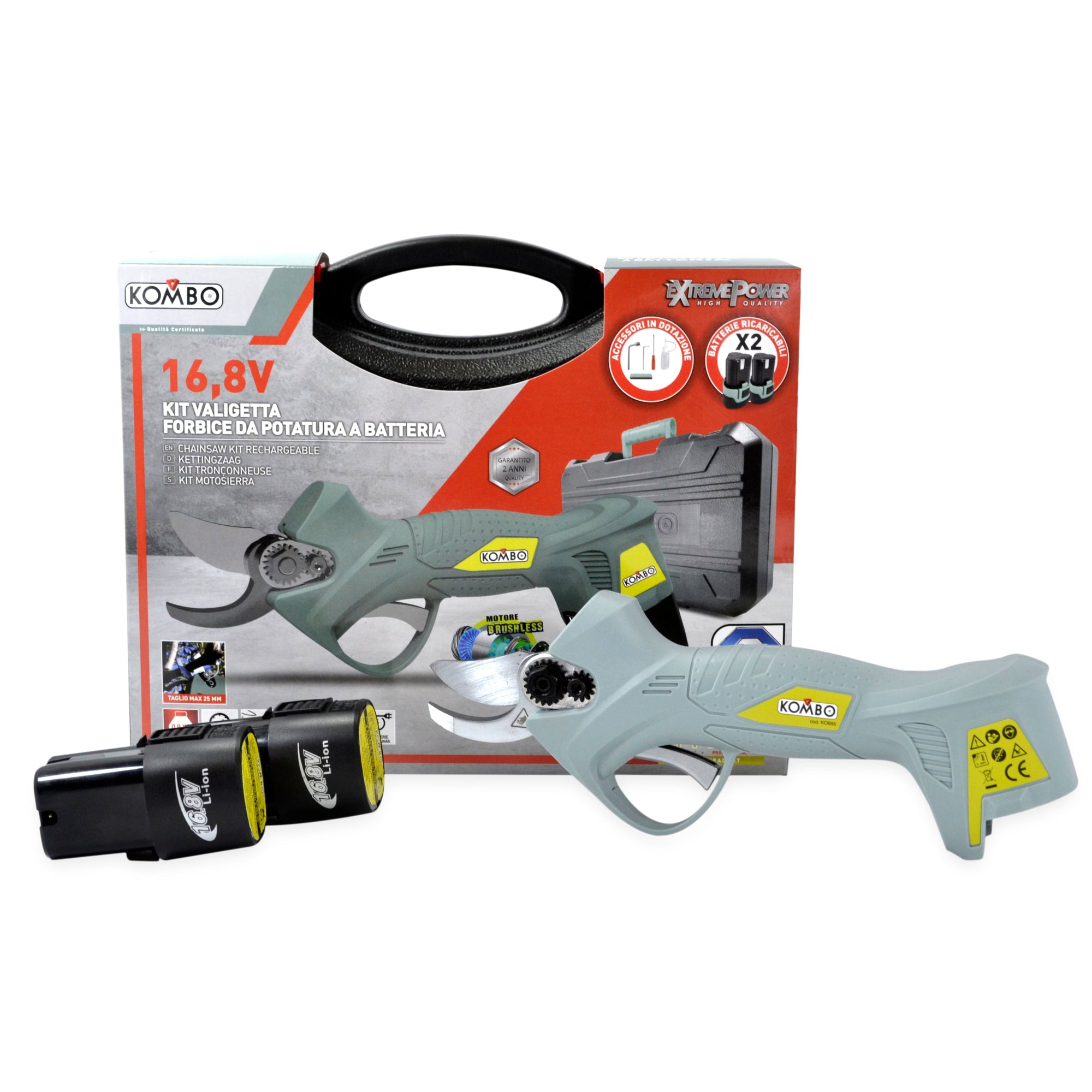 KOMBO Forbici potatura cordless con 2 batterie 2,0Ah 16,8V e caricabatteria 1,5A