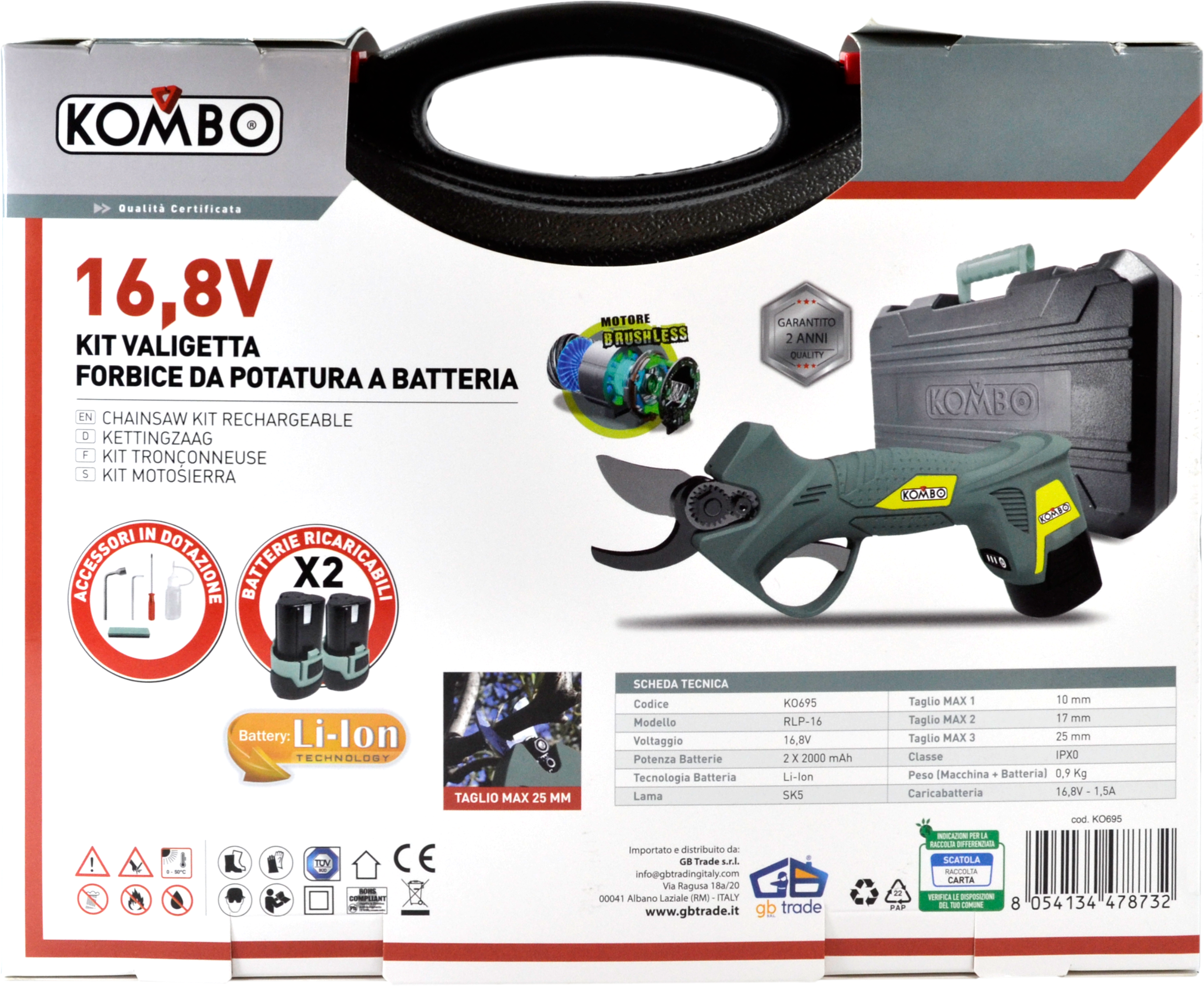 KOMBO Forbici potatura cordless con 2 batterie 2,0Ah 16,8V e caricabatteria 1,5A