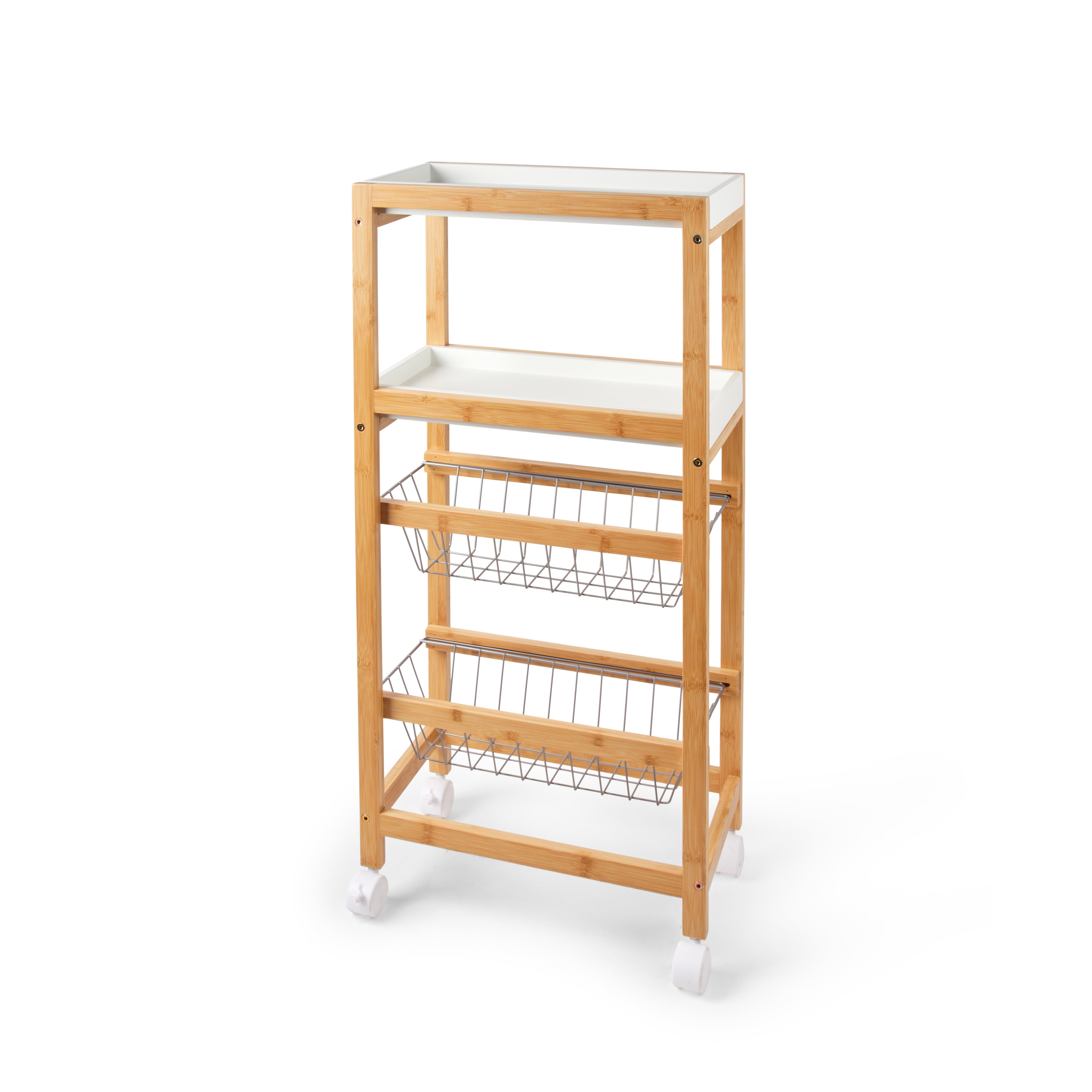 MERCURY HOME Carrello Salvaspazio da Cucina in Bambù con 2 Ripiani e 2 Cestelli in Metallo