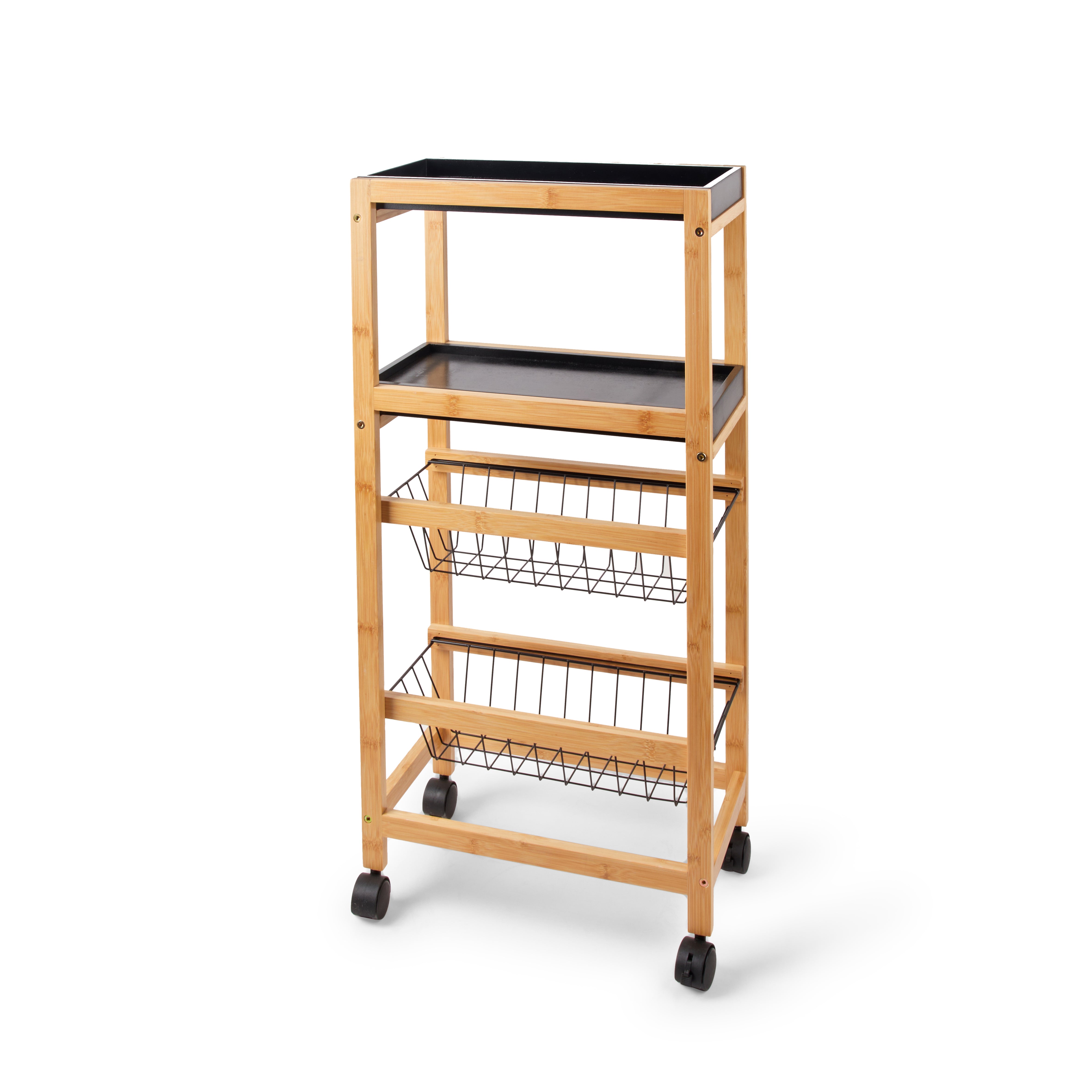 MERCURY HOME Carrello Salvaspazio da Cucina in Bambù con 2 Ripiani e 2 Cestelli in Metallo