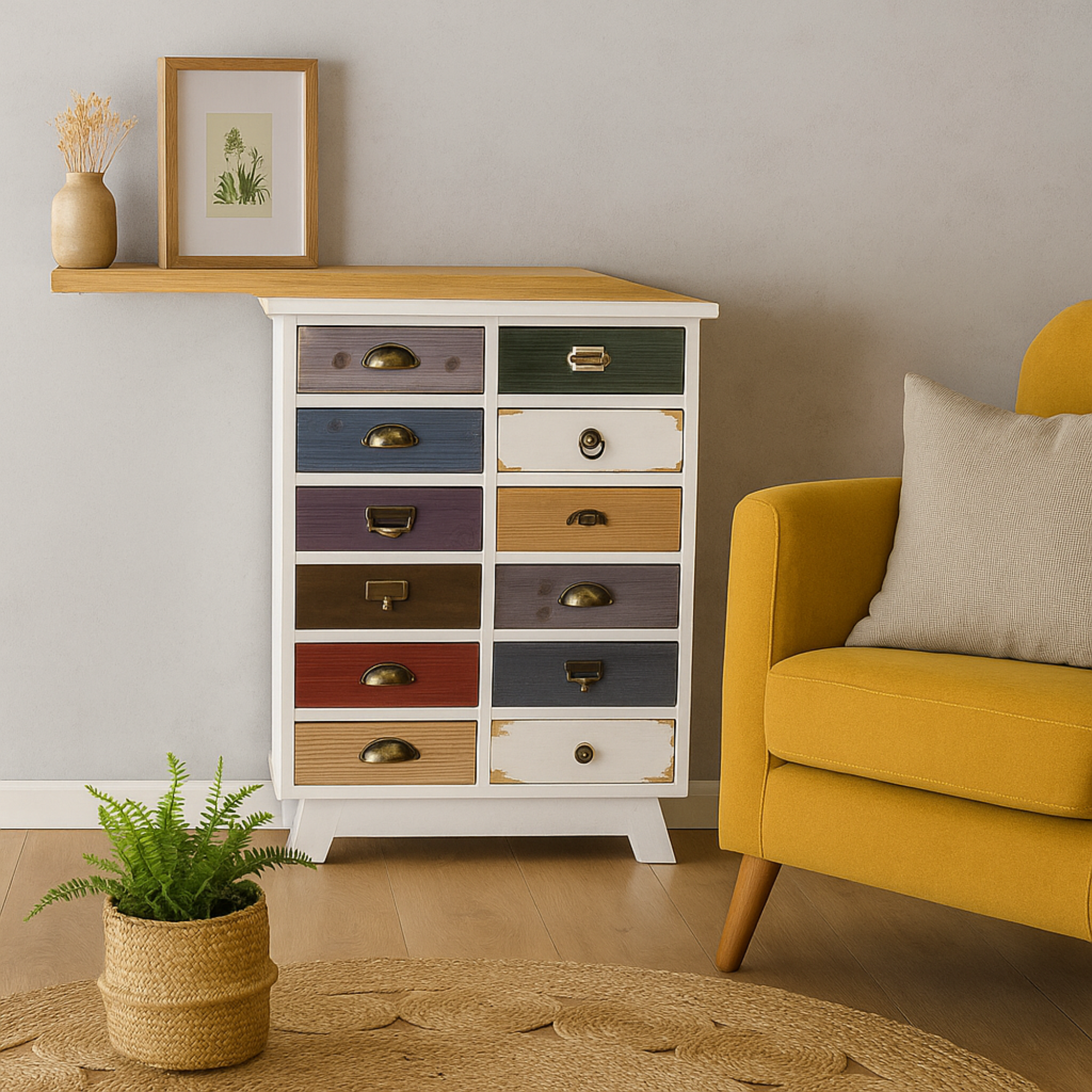 MERCURY HOME Cassettiera Mobile in Legno Multicolore Stile Shabby Chic/Industriale - Cassetti Vintage e Maniglie Diverse