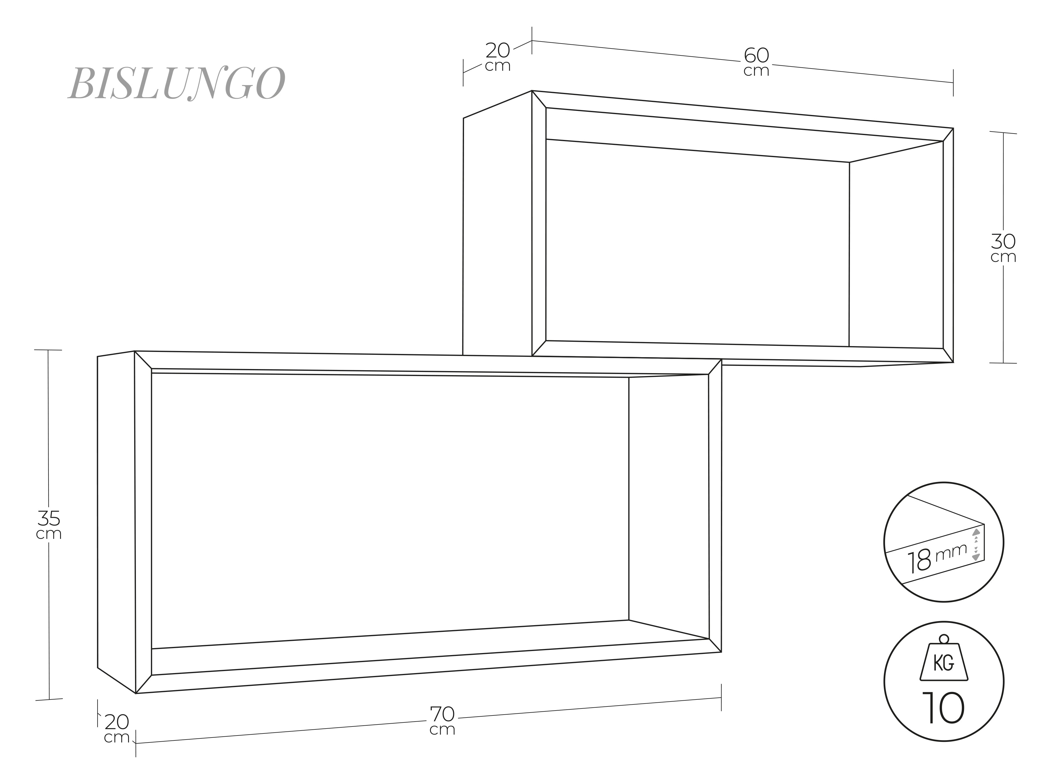 MODULARREDO Set 2 Mensole Bislungo Rettangolari 70cm+60cm