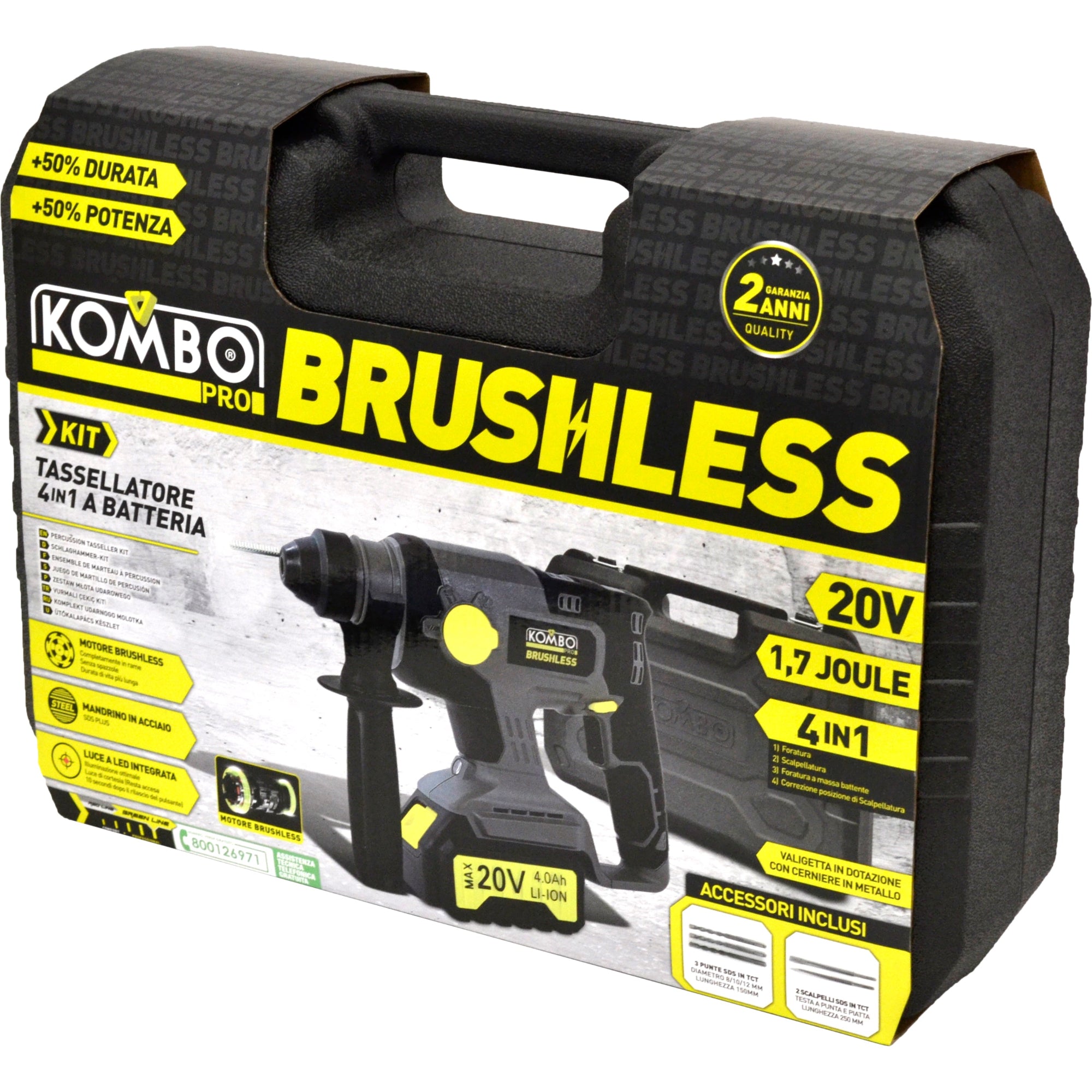 KOMBO PRO BRUSHLESS Tassellatore  20V con 2 Batterie 4.0Ah