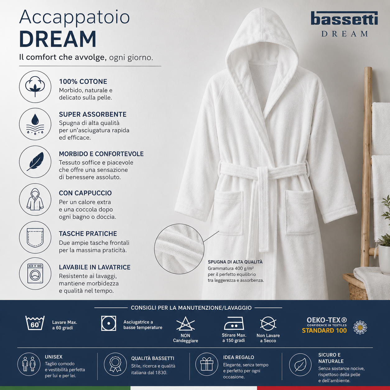 Accappatoio Bassetti in spugna di puro cotone: morbido, ad alta assorbenza e resistente. Design elegante e qualità garantita in vari colori.