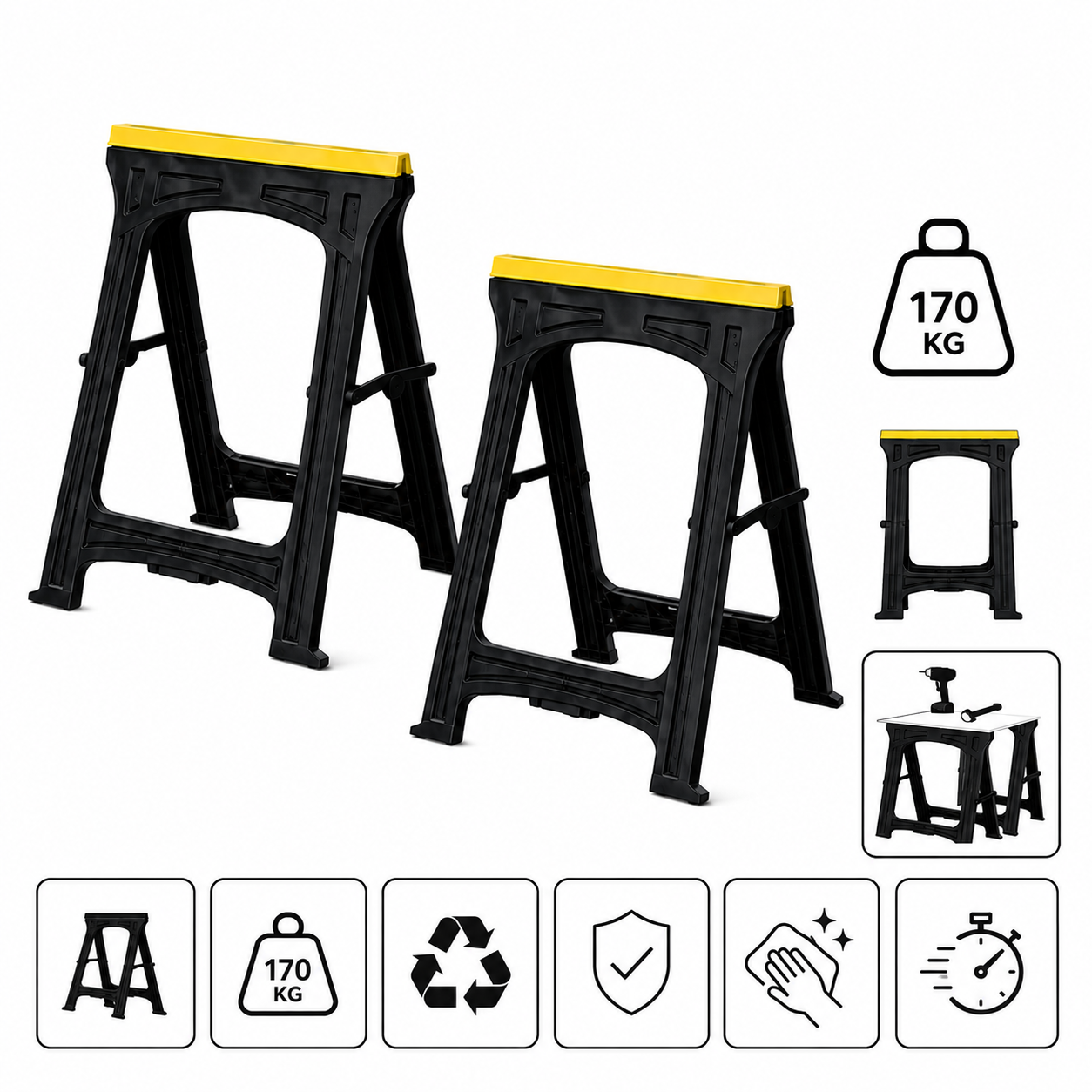 KOMBO Set 2 Cavalletti da Lavoro Pieghevoli Portata 170kg Salvaspazio