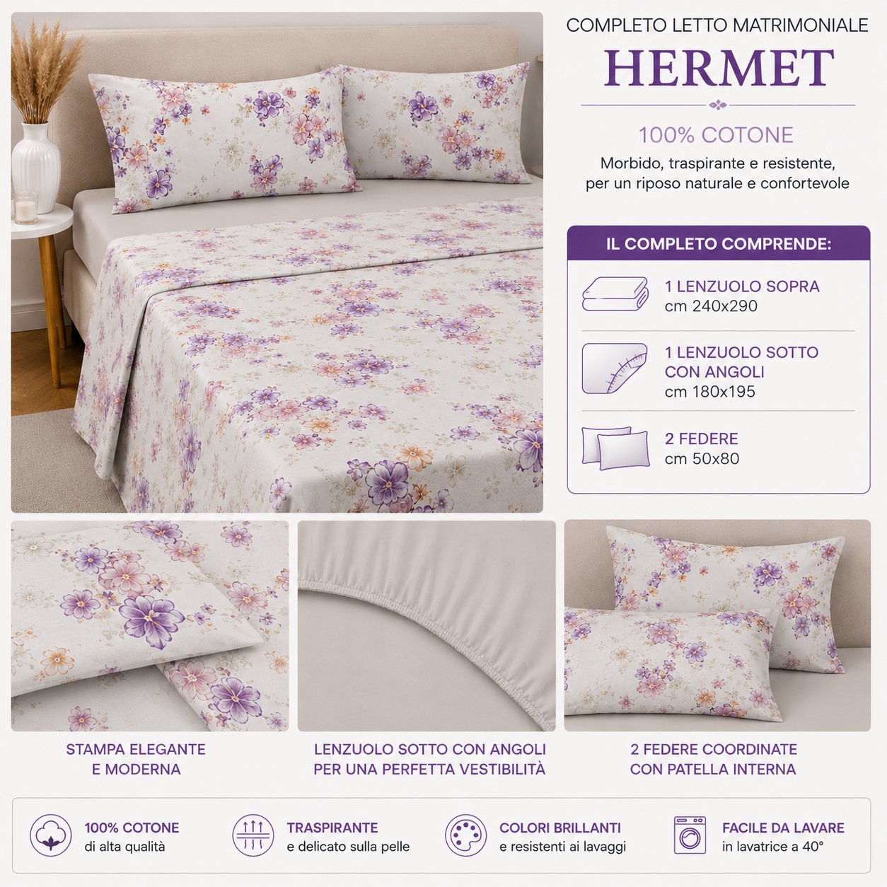 HERMET Completo Letto Matrimoniale Ginevra 100% Cotone di Alta Qualità