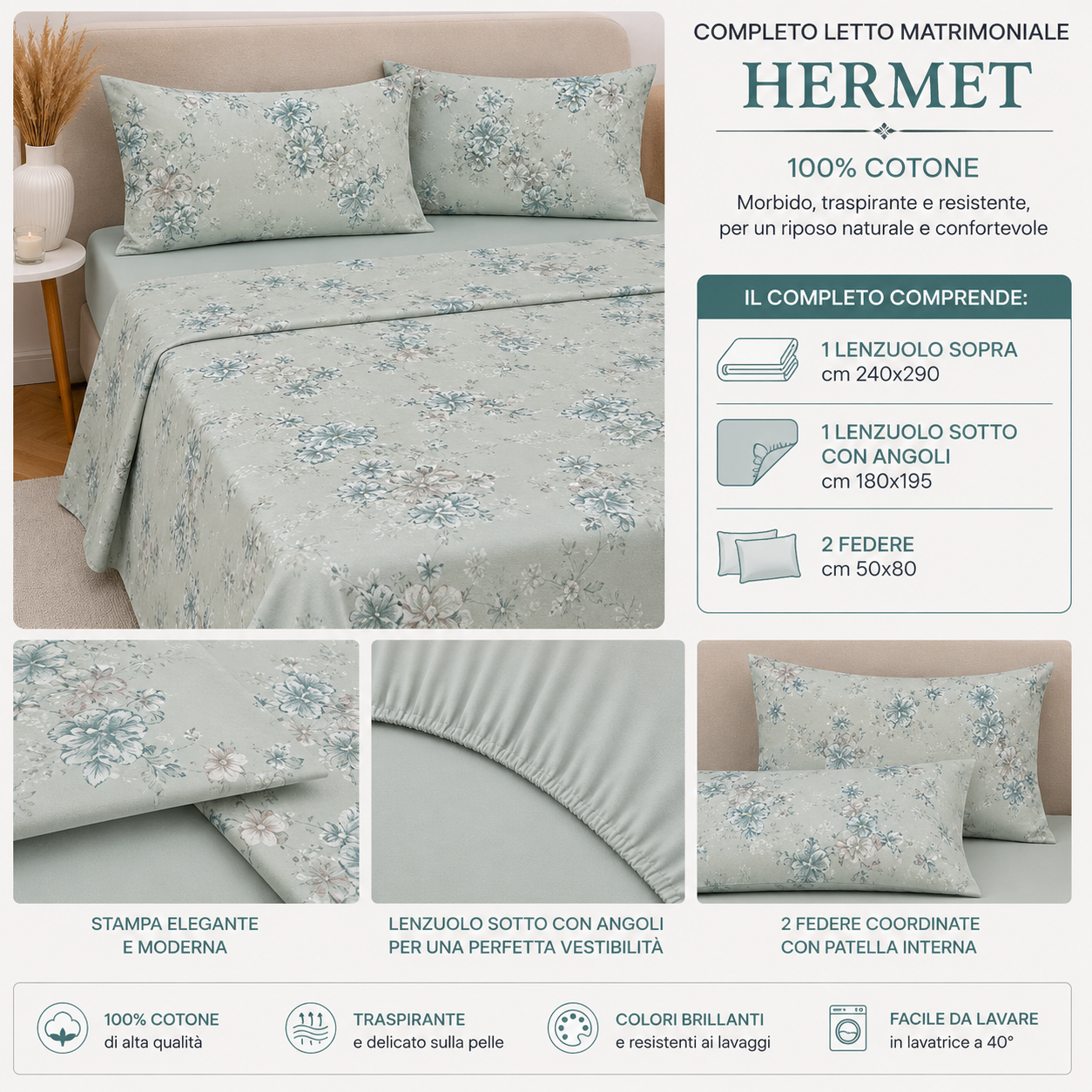 HERMET Completo Letto Matrimoniale Ginevra 100% Cotone di Alta Qualità
