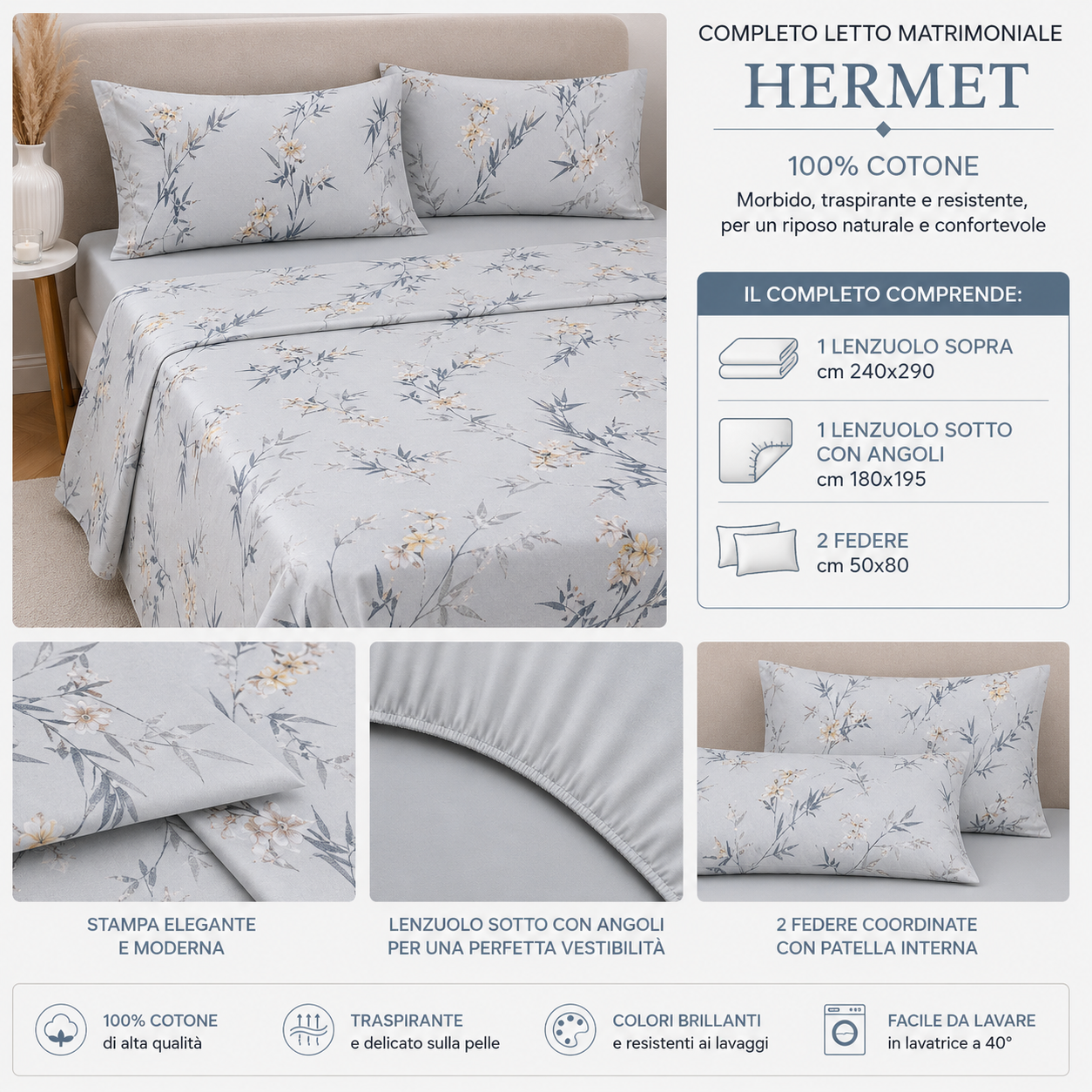 HERMET Completo Letto Matrimoniale  Livia Avio 100% Cotone 240x290 cm