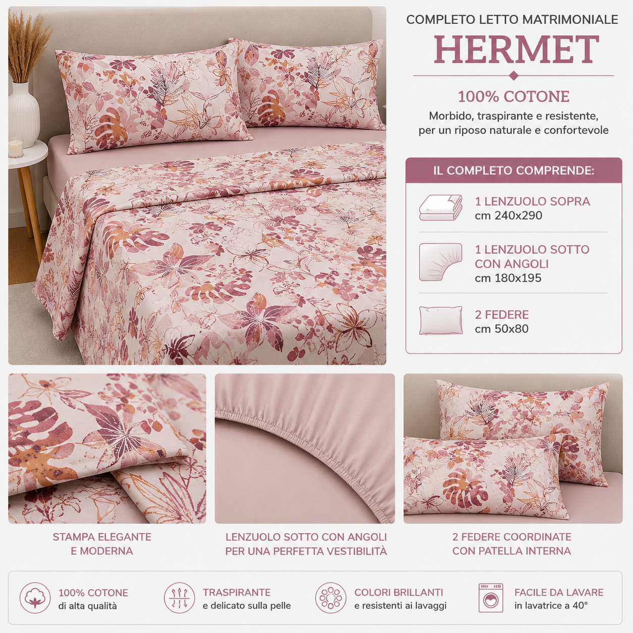 HERMET Completo Letto Matrimoniale Nives 100% Cotone di Alta Qualità