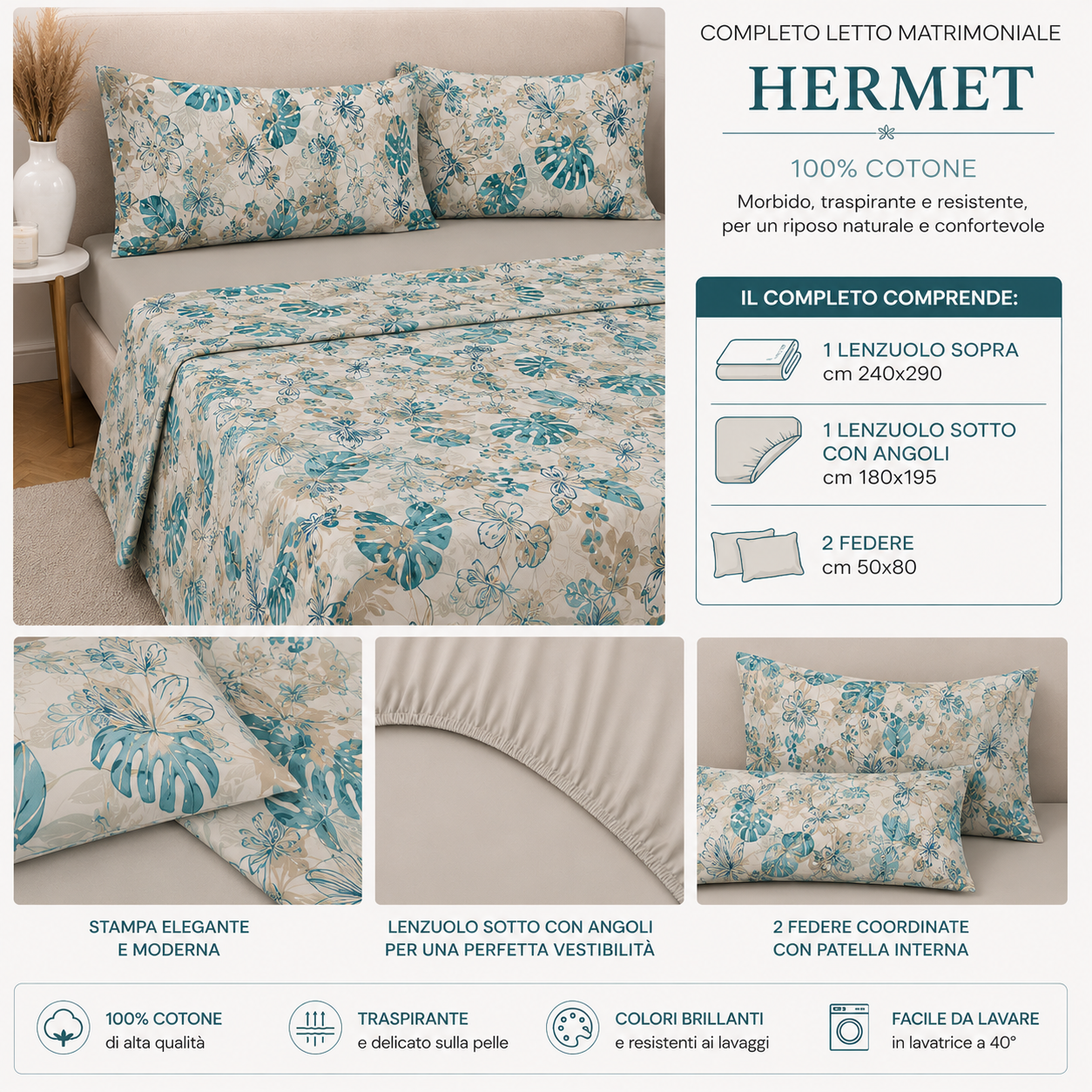 HERMET Completo Letto Matrimoniale Nives 100% Cotone di Alta Qualità