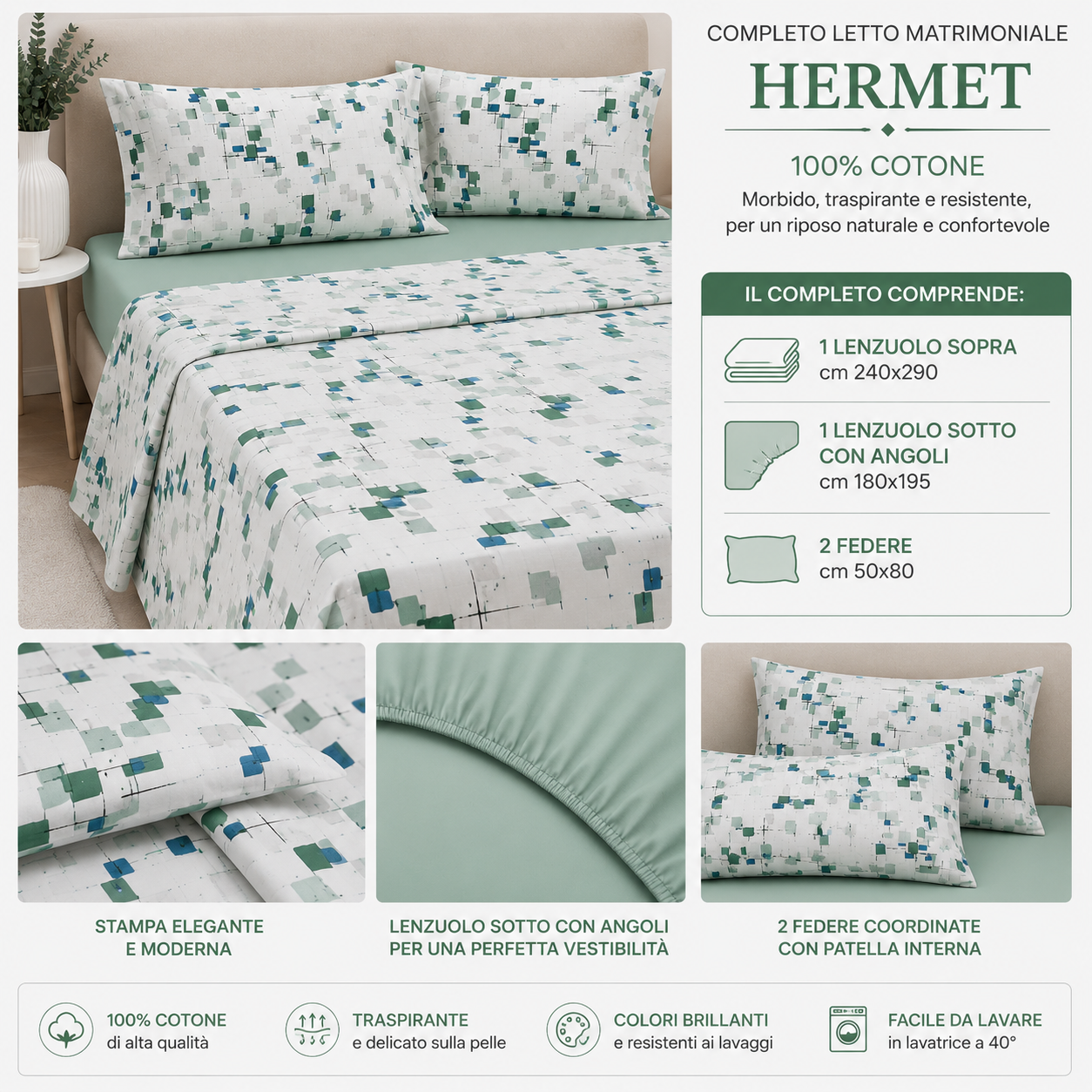 HERMET Completo Letto Matrimoniale Terry 100% Cotone 240x290 cm