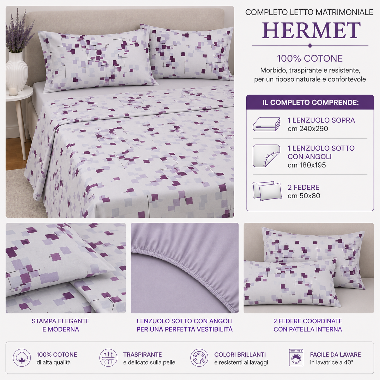 HERMET Completo Letto Matrimoniale Terry 100% Cotone 240x290 cm
