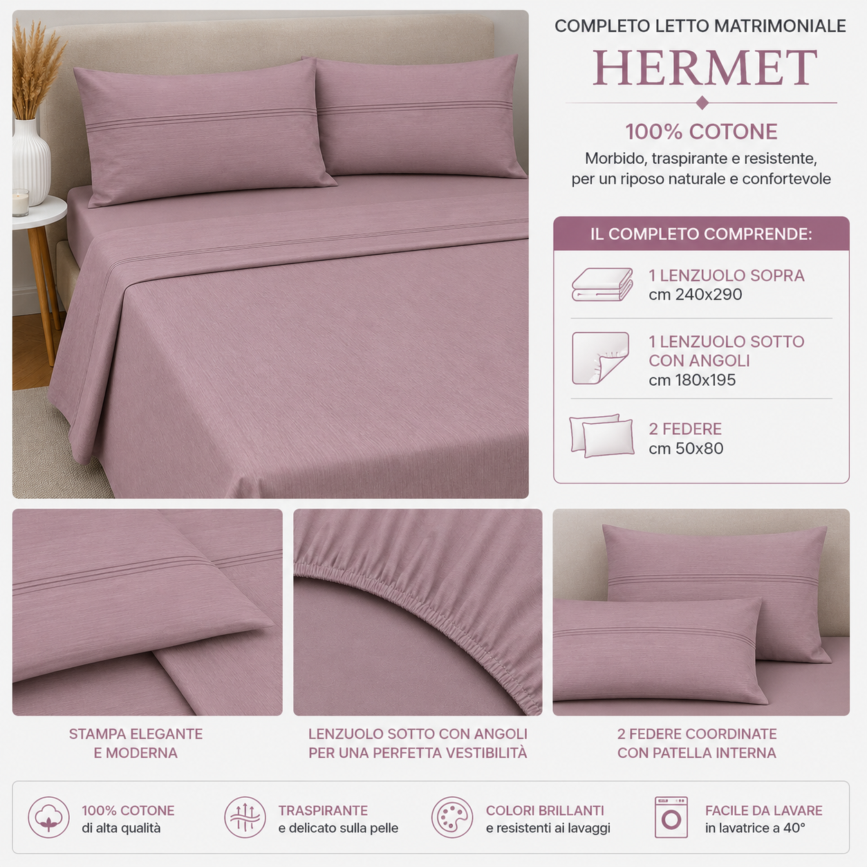 HERMET Completo Letto Matrimoniale Volga Malva 100% Cotone 240x290 cm
