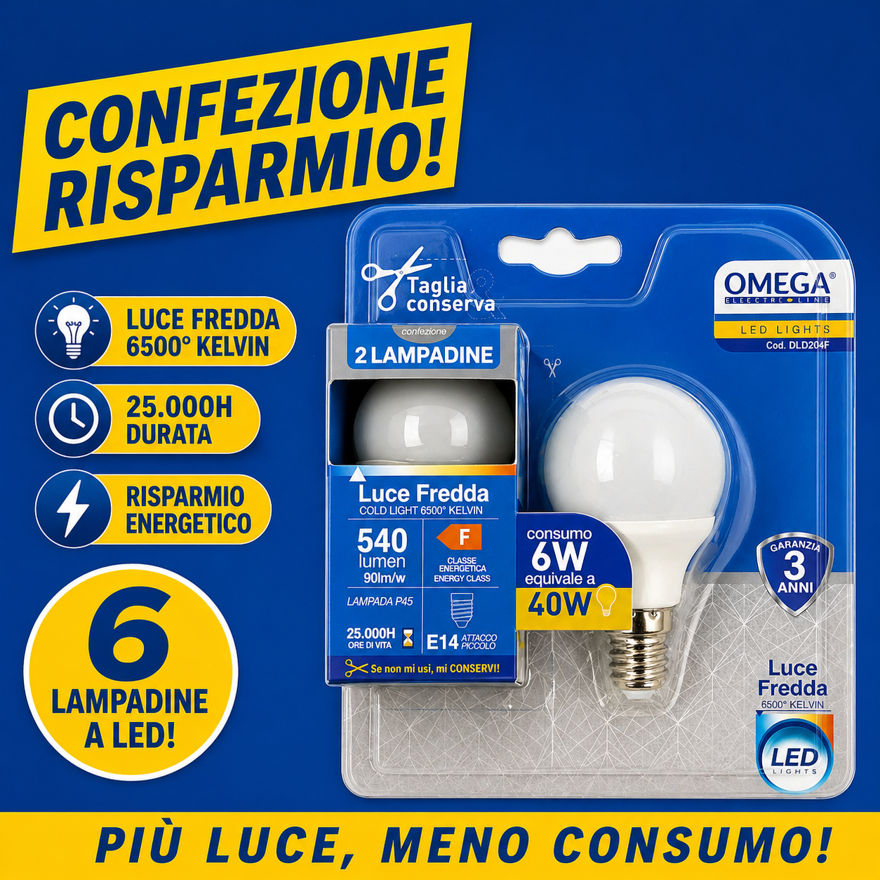 OMEGA Set 6 lampadine sfera led 6W E14