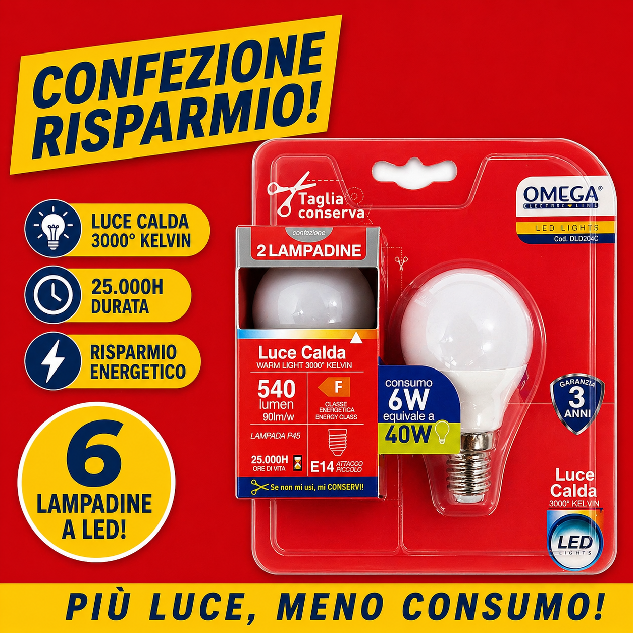 Set 6 lampadine LED OMEGA G45 attacco E27 confezione risparmio 4000K luce naturale