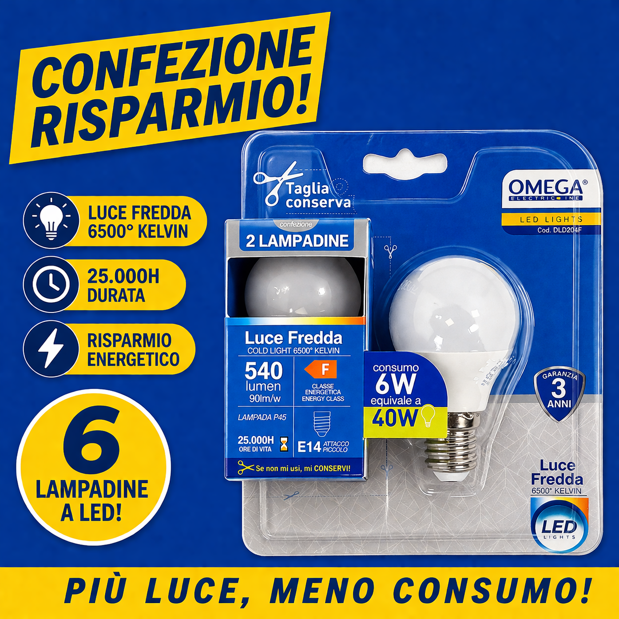 OMEGA Set 6 lampadine sfera led 6W E27