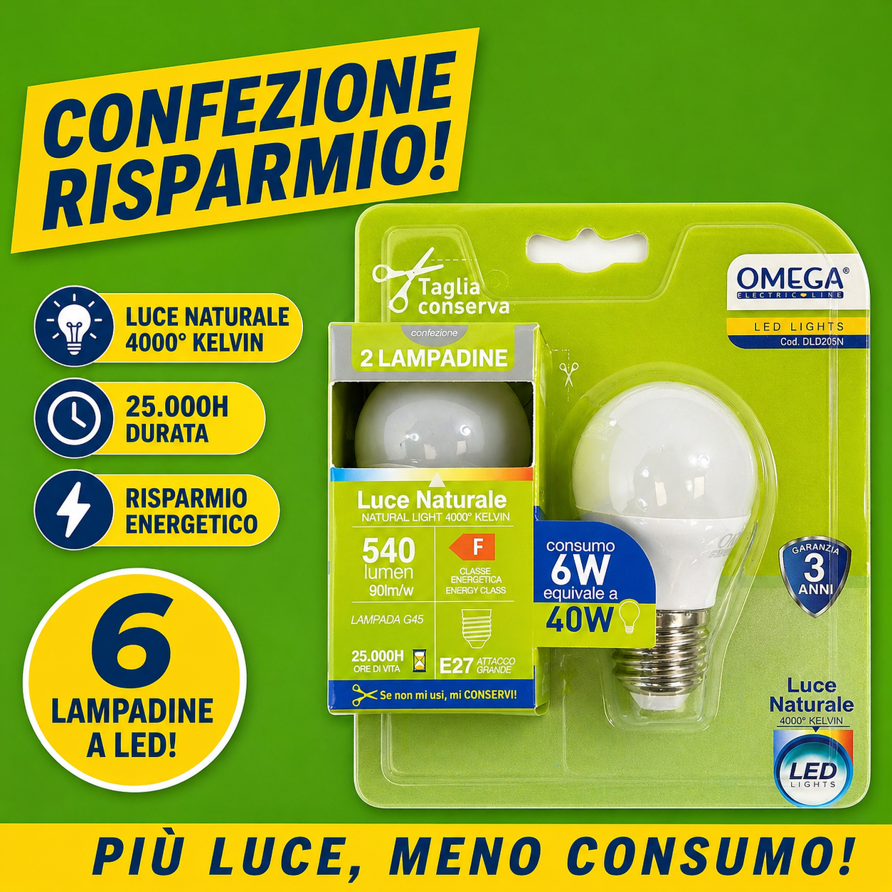 Set 6 lampadine LED OMEGA G45 attacco E27 confezione risparmio 4000K luce naturale