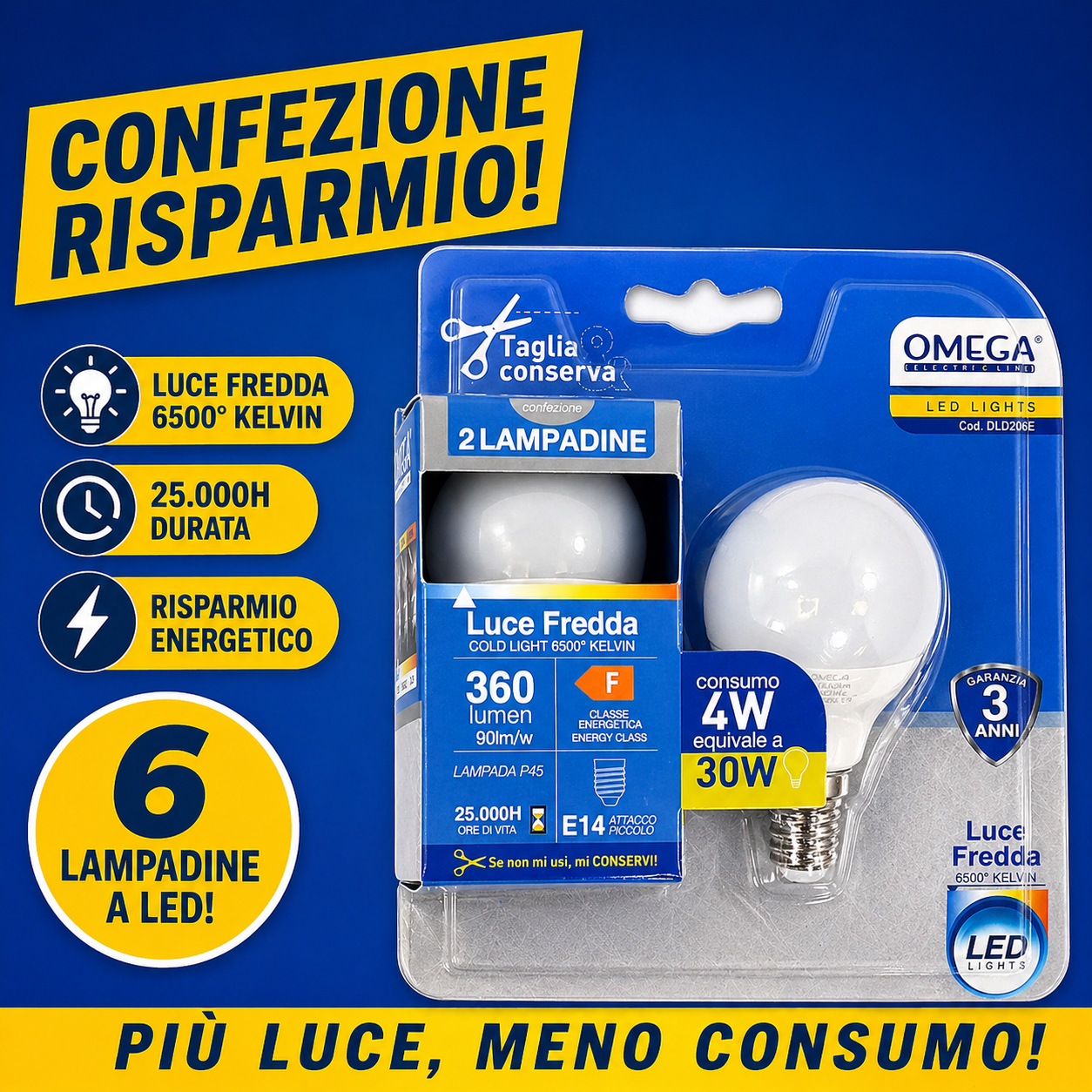 OMEGA Set 6 lampadine sfera led 4W E14