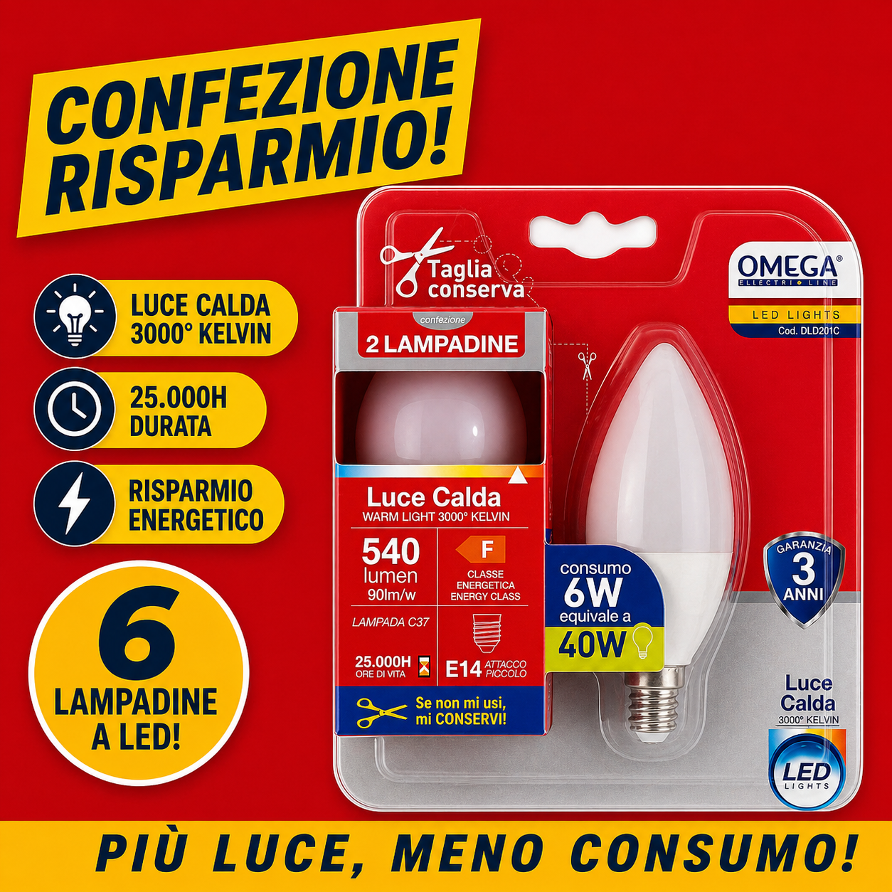 6 lampadine LED OMEGA a candela C37 attacco E14 4000K luce naturale