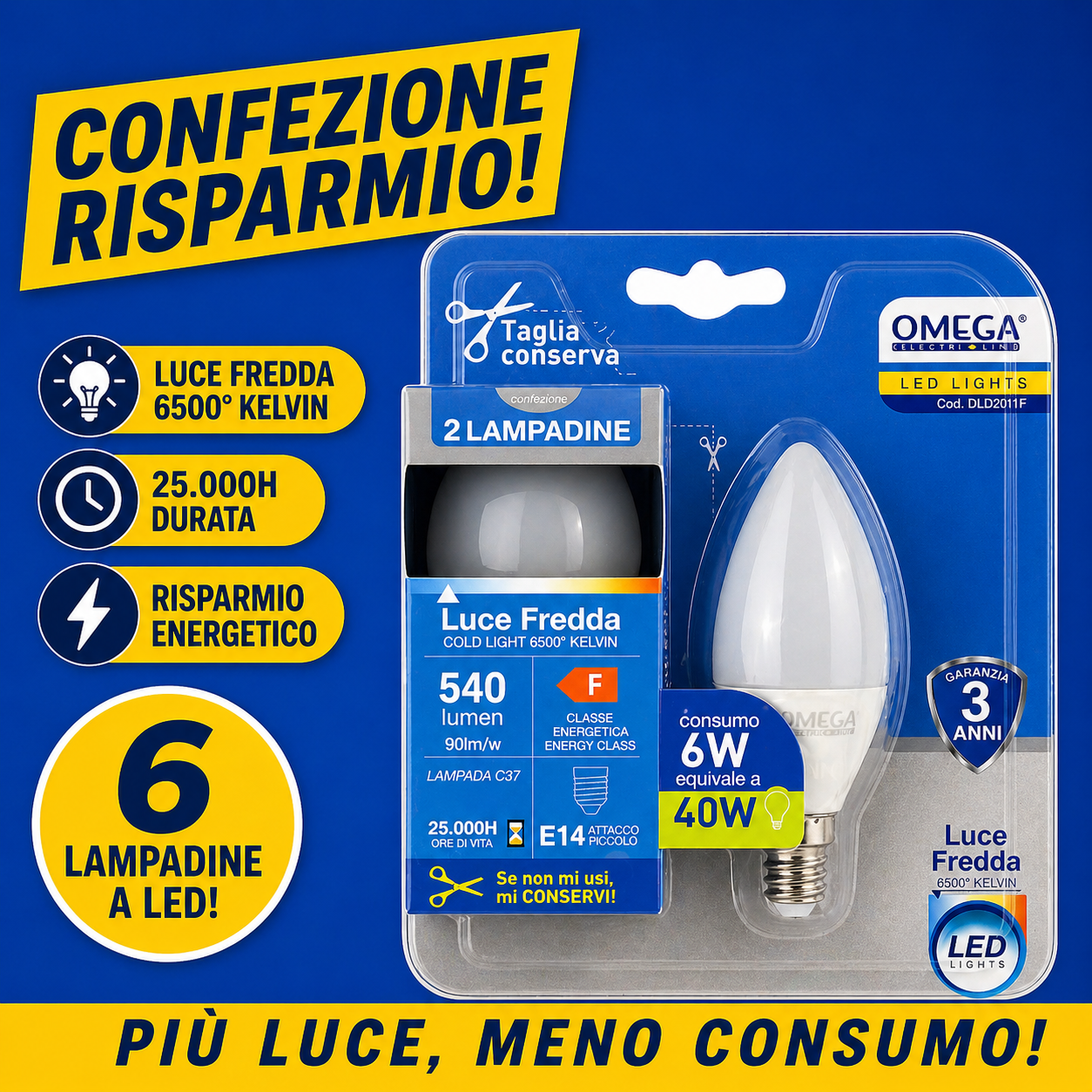 OMEGA Set 6 lampadine candela led 6W E14
