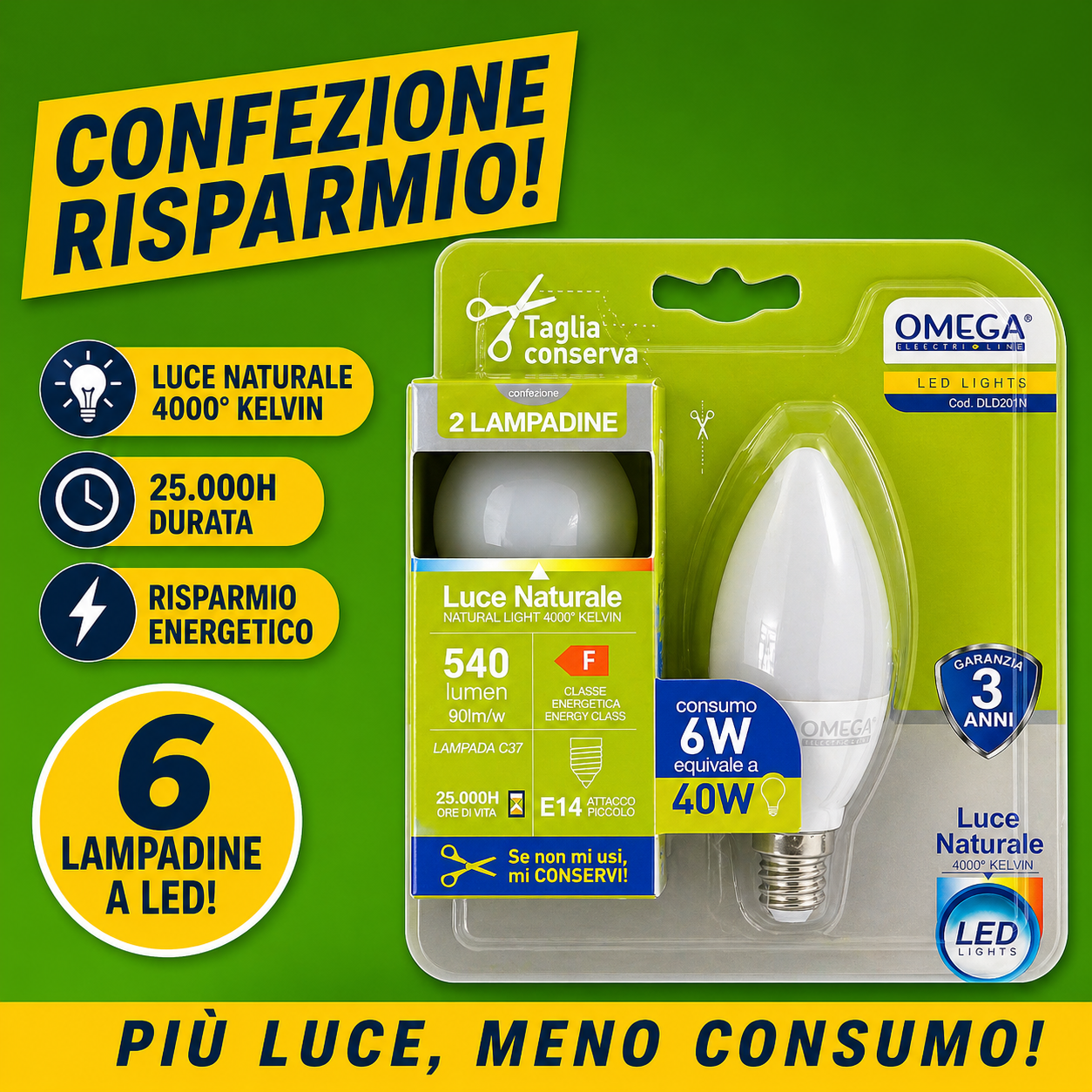 6 lampadine LED OMEGA a candela C37 attacco E14 4000K luce naturale