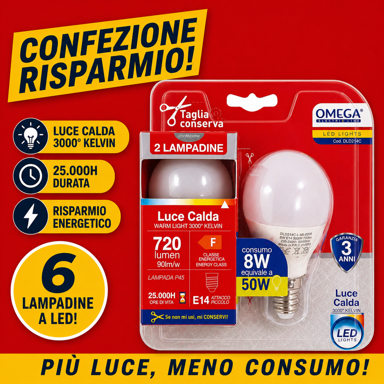 Set completo 6 lampadine LED OMEGA P45 attacco E14 8W 4000K luce