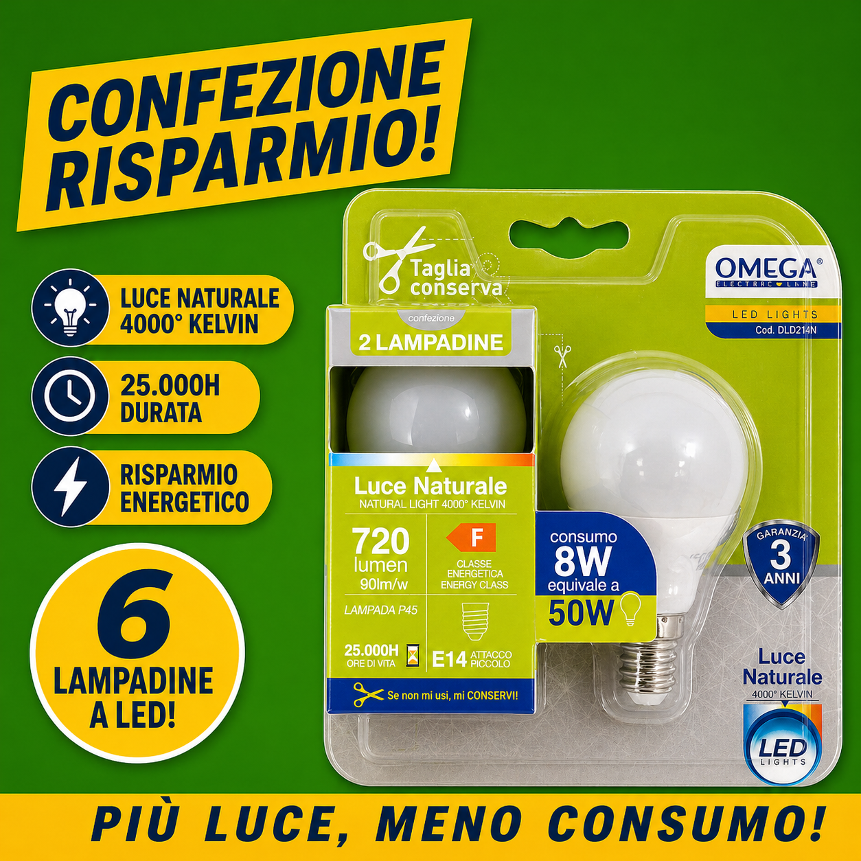Set completo 6 lampadine LED OMEGA P45 attacco E14 8W 4000K luce
