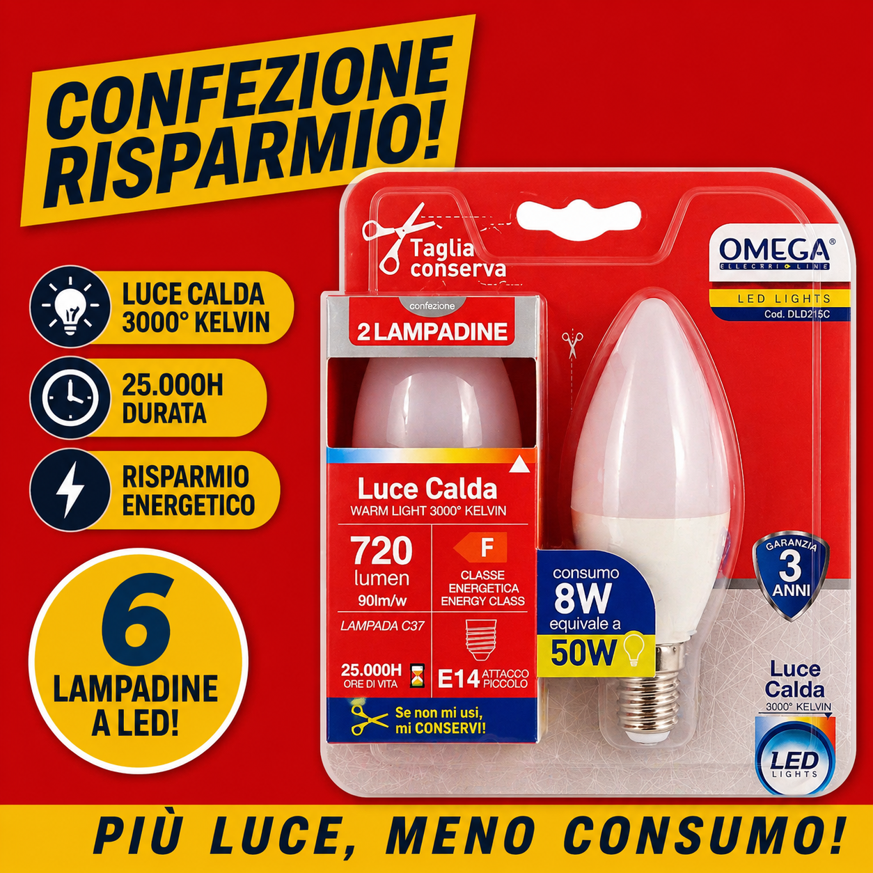 Confezione da 6 lampadine LED OMEGA C37 a candela attacco E14 4000k luce naturale