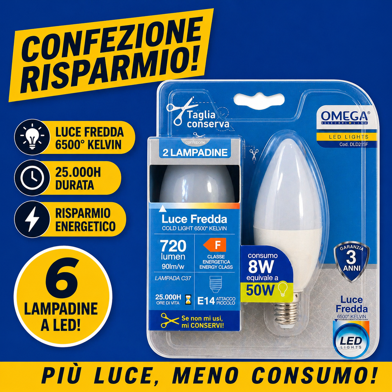 OMEGA Set 6 lampadine candela led 8W E14