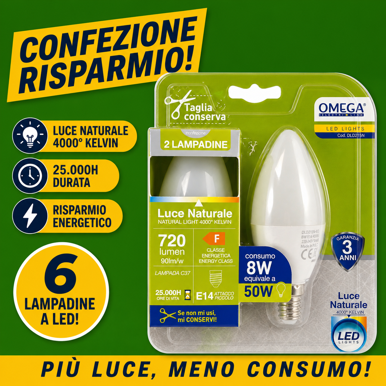 Confezione da 6 lampadine LED OMEGA C37 a candela attacco E14 4000k luce naturale