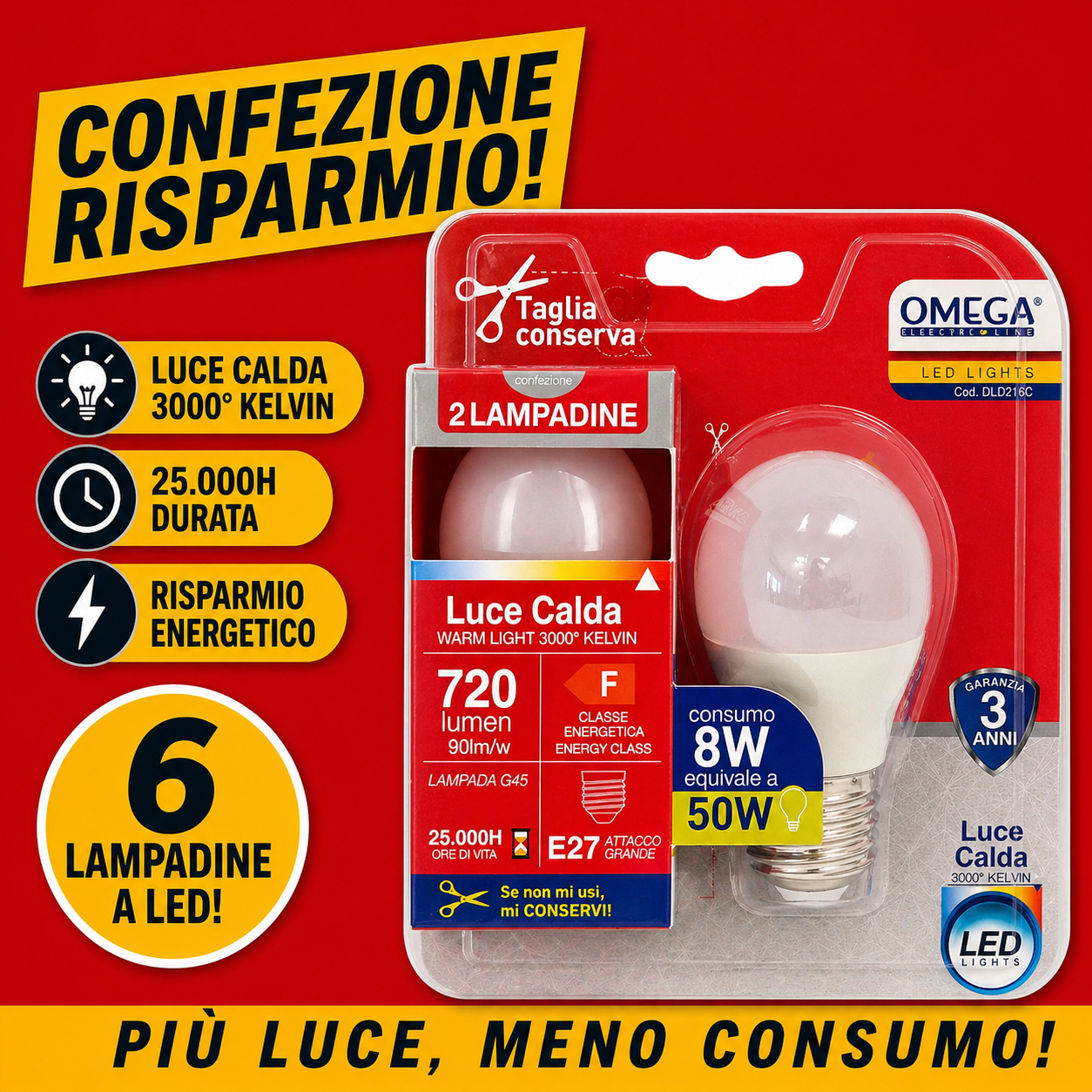 OMEGA Set 6 Lampadine LED Sfera 8W E27