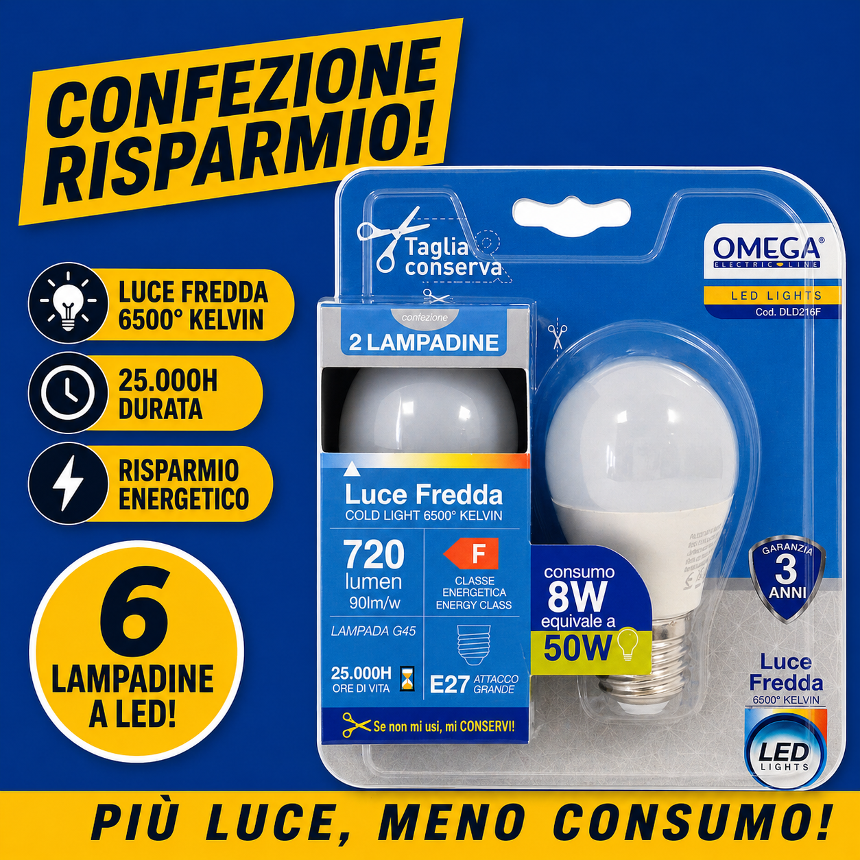 Lampadina a sfera OMEGA 8W 720 Lumen con bulbo satinato E27 4000K luce ambiente