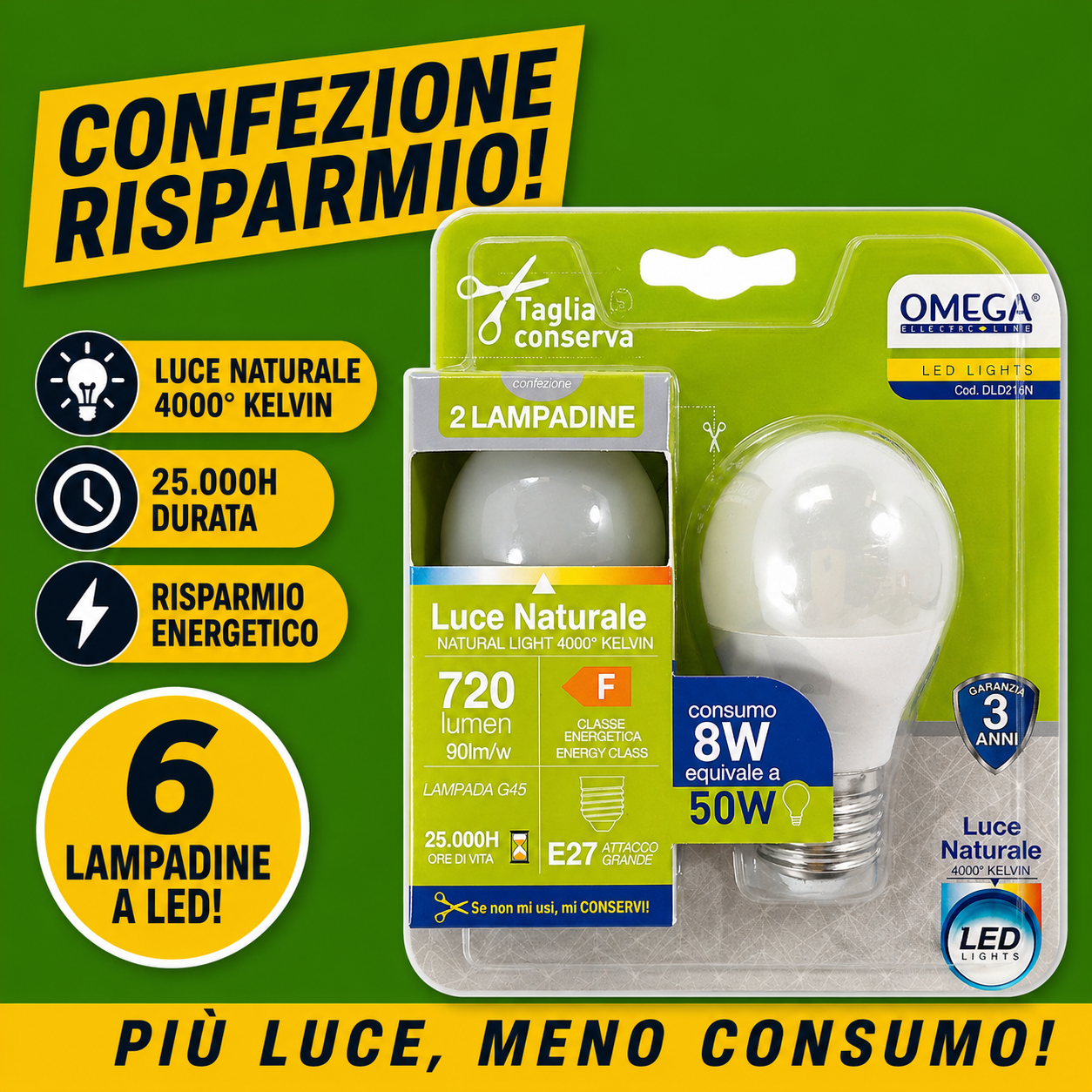 Lampadina a sfera OMEGA 8W 720 Lumen con bulbo satinato E27 4000K luce ambiente