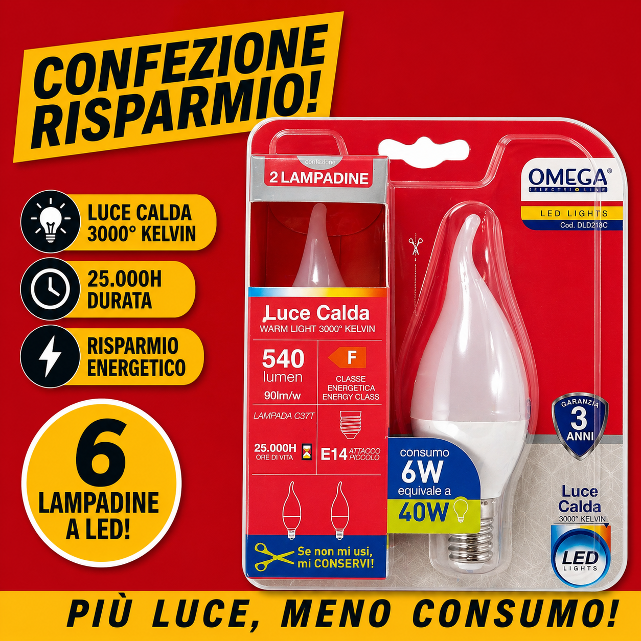 Set 6 lampadine LED OMEGA Soffio di Vento con punta piegata attacco E14 6W 4000K luce naturale