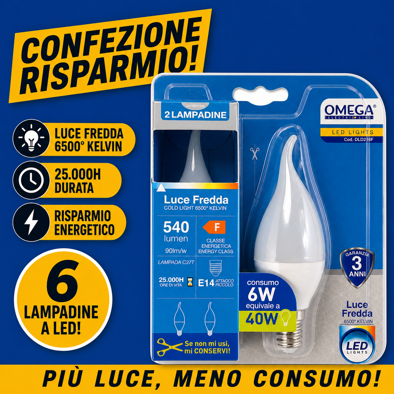 OMEGA Set 6 Lampadine LED Soffio di Vento 6W E14
