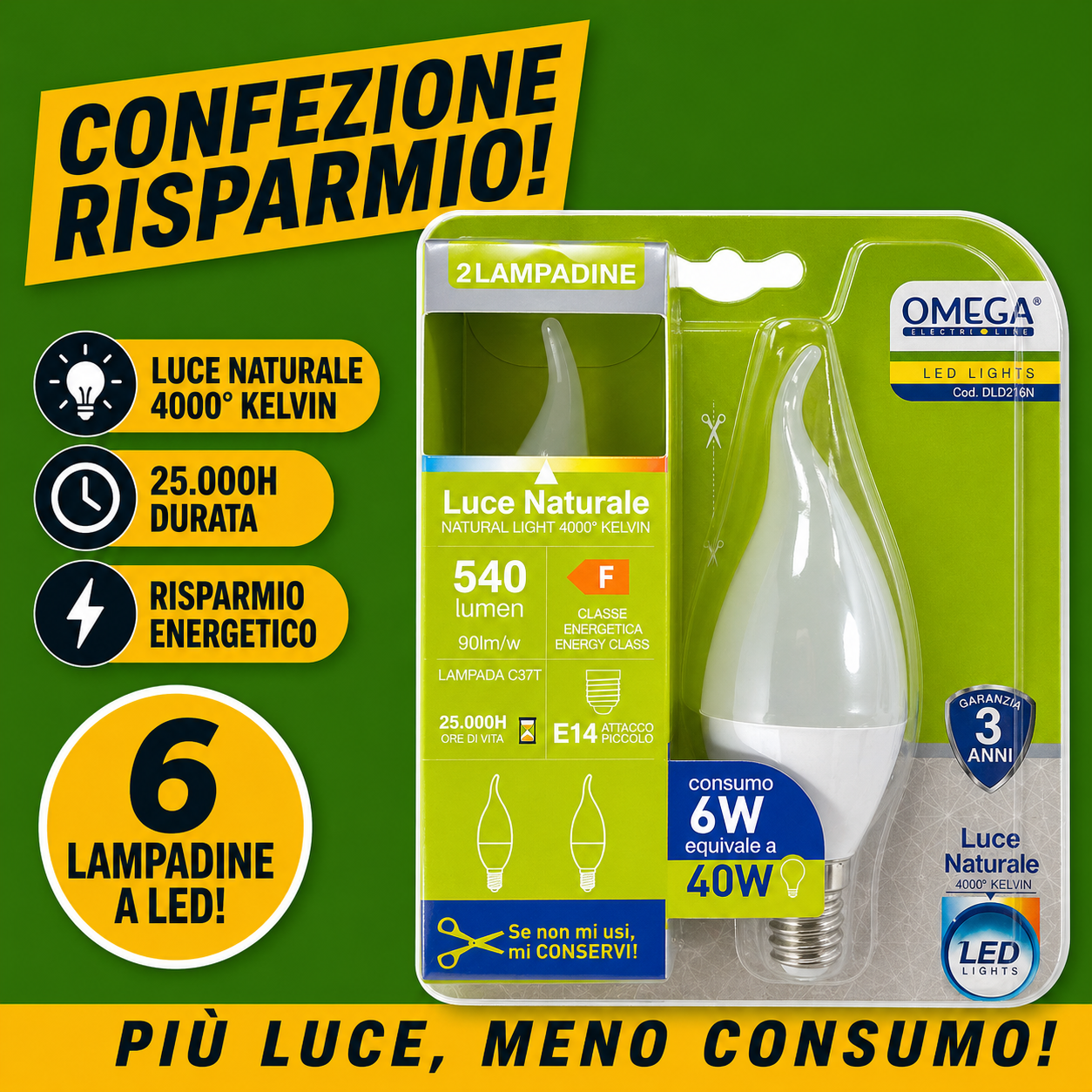 Set 6 lampadine LED OMEGA Soffio di Vento con punta piegata attacco E14 6W 4000K luce naturale