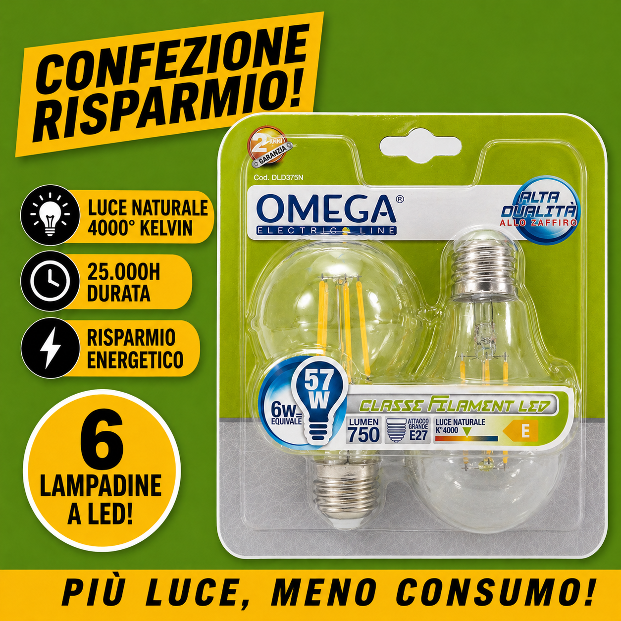 Set da 6 lampadine OMEGA Filament LED A60 in vetro trasparente 6W 4000K luce naturale