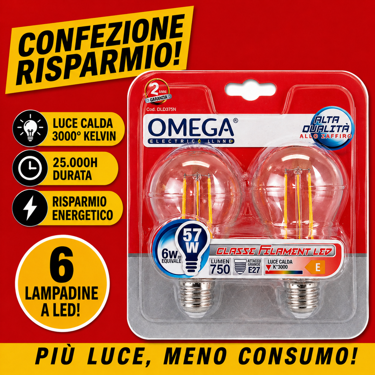 Set da 6 lampadine OMEGA Filament LED A60 in vetro trasparente 6W 4000K luce naturale