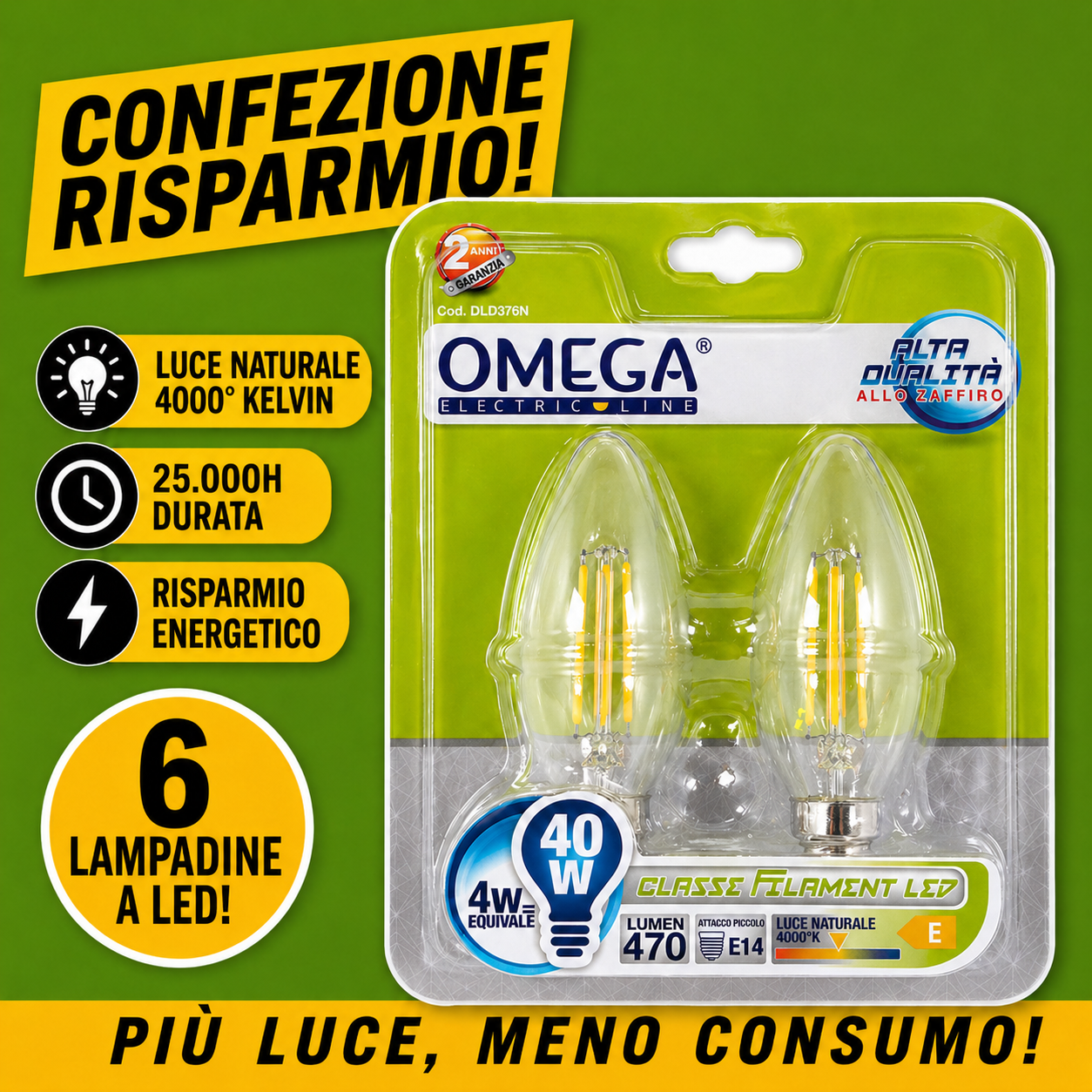 Confezione da 6 lampadine LED OMEGA a filamento forma candela C35 E14 4W 4000K luce naturale