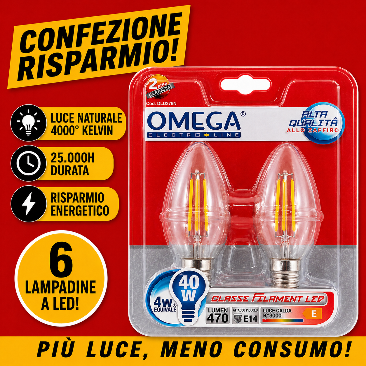 Confezione da 6 lampadine LED OMEGA a filamento forma candela C35 E14 4W 4000K luce naturale