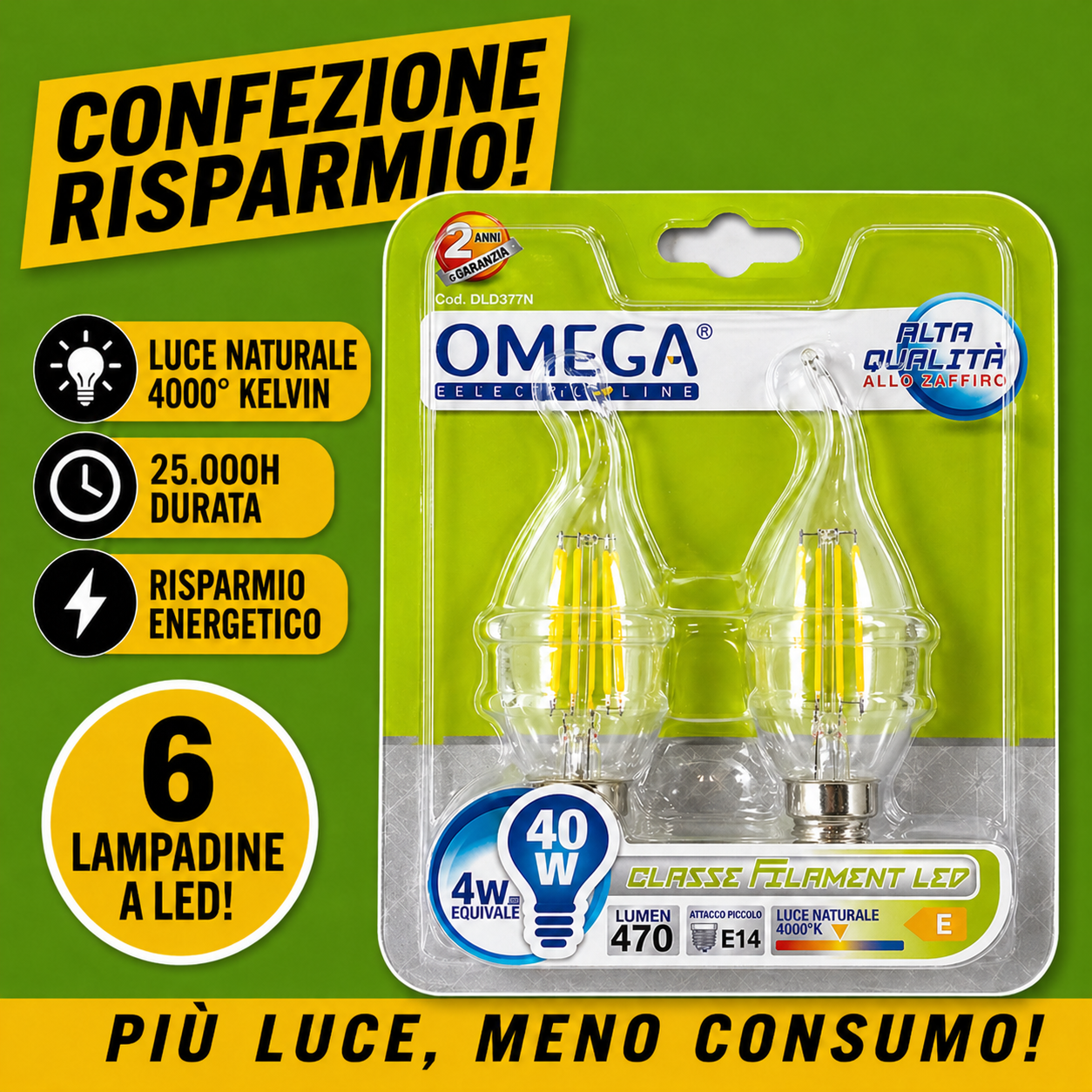 Set 6 lampadine LED OMEGA soffio di vento a filamento con attacco E14 4W 4000K luce naturale