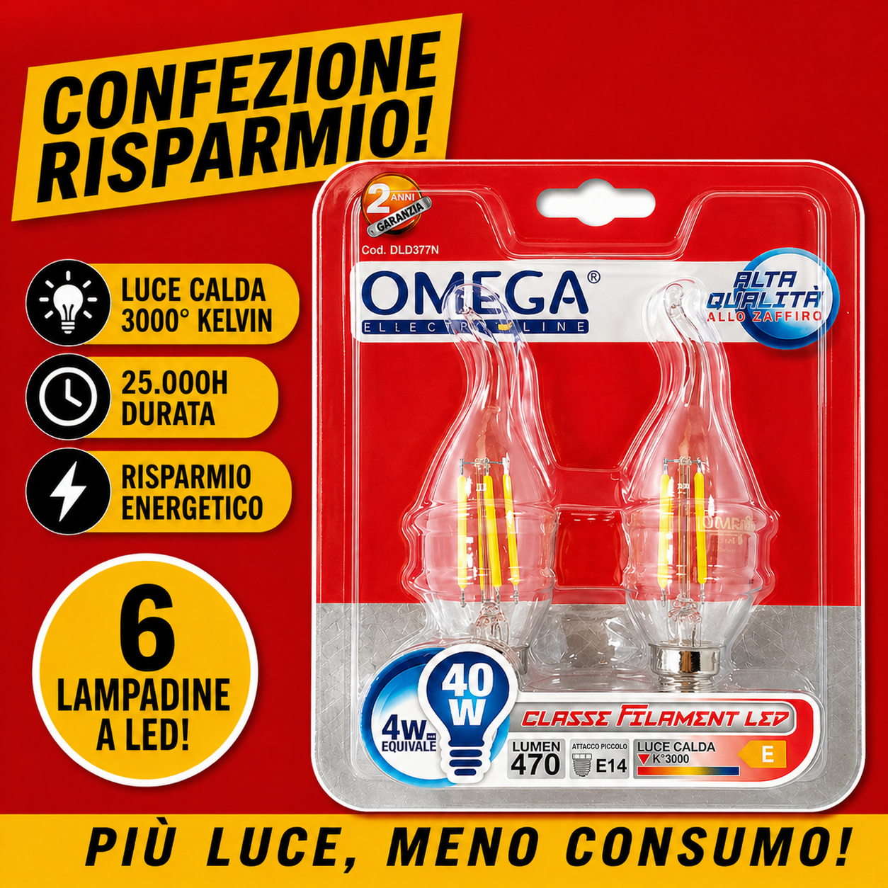 Set 6 lampadine LED OMEGA soffio di vento a filamento con attacco E14 4W 4000K luce naturale