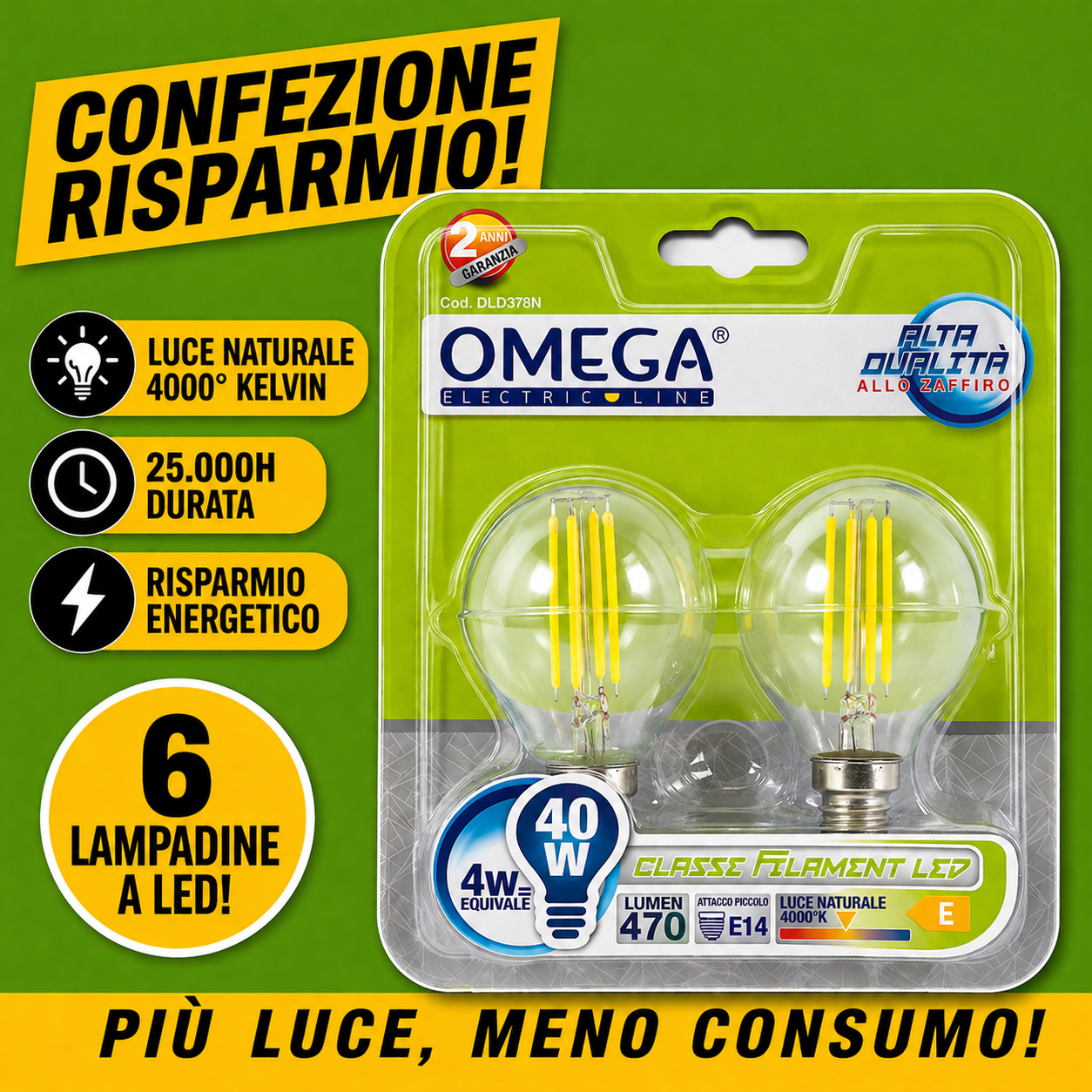 Set 6 lampadine LED OMEGA sfera P45 a filamento con attacco E14 4W 4000K luce naturale