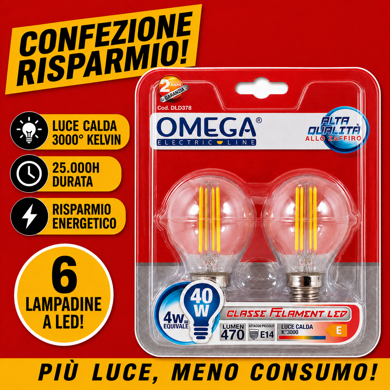 Set 6 lampadine LED OMEGA sfera P45 a filamento con attacco E14 4W 4000K luce naturale