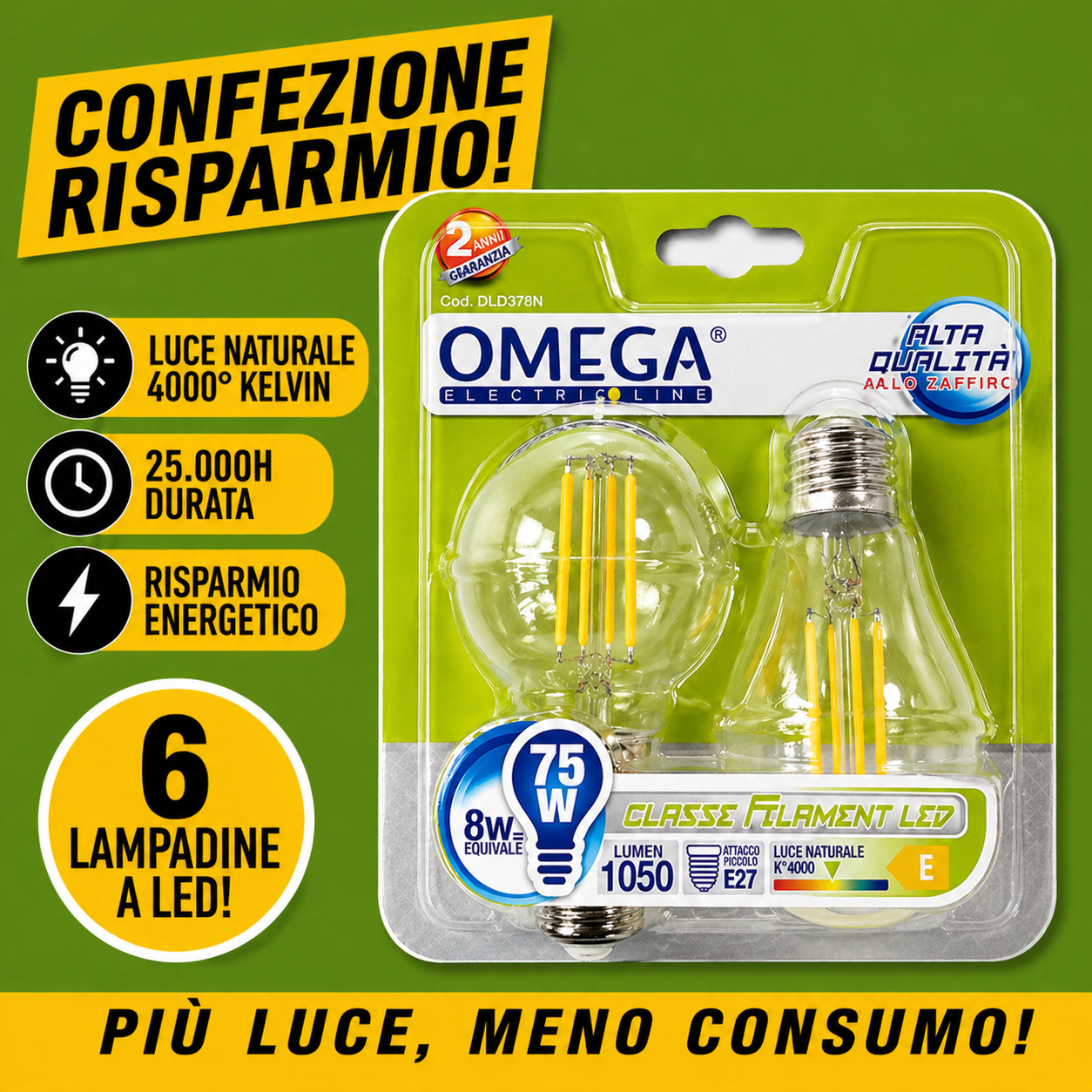 Confezione risparmio 6 lampadine LED OMEGA Filament A60 E27 8W. 4000K luce naturale